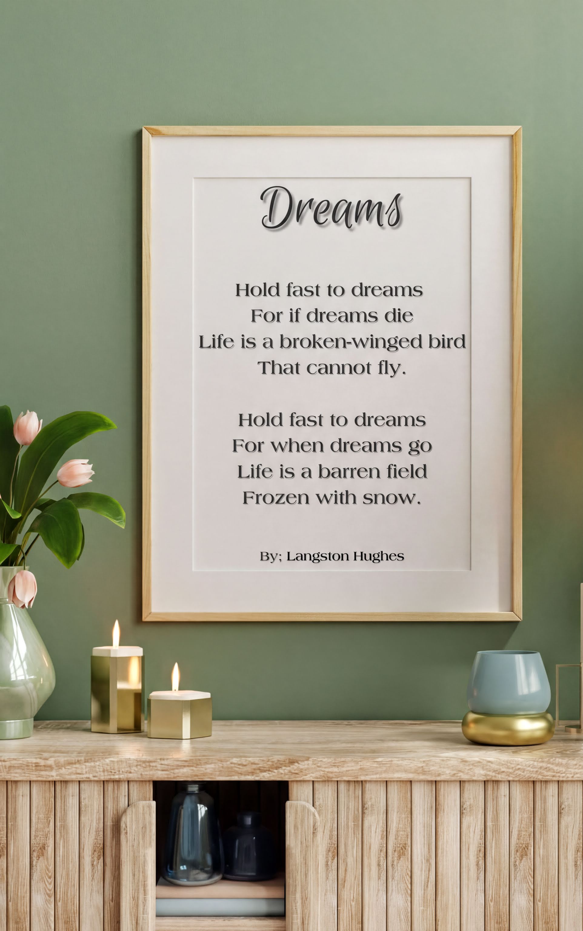 Dreams Langston Hughes Print featuring the motivational poem framed in an inspiring home decor setting.