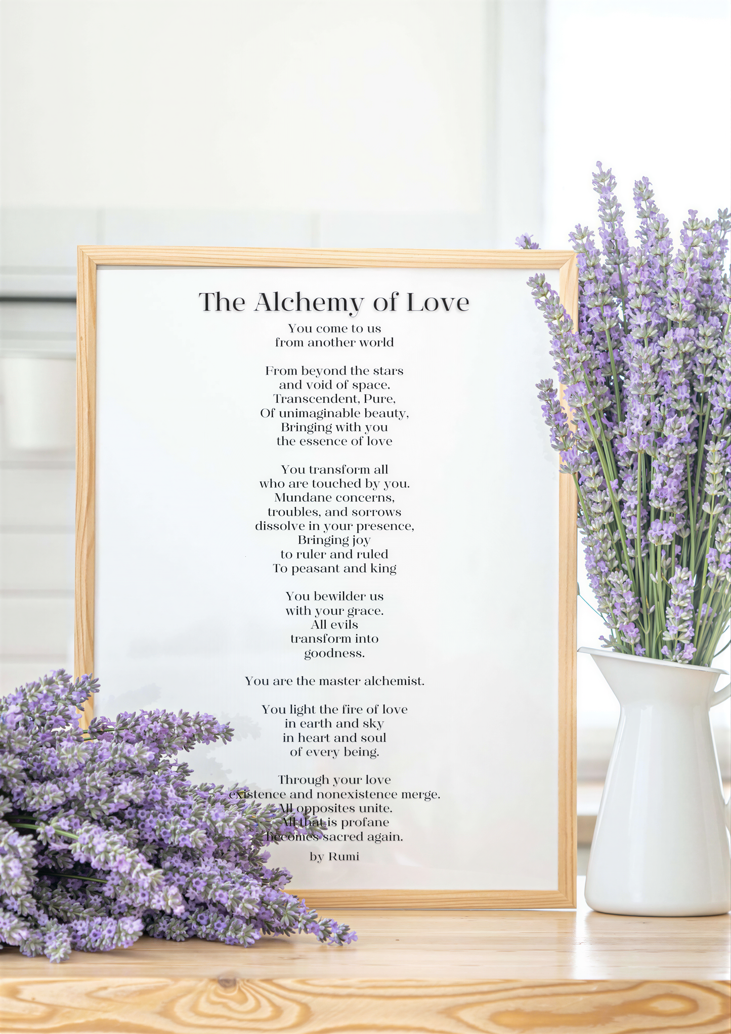 Inspirational Poetry Wall Art featuring The Alchemy of Love by Rumi in a decorative frame with lavender flowers.