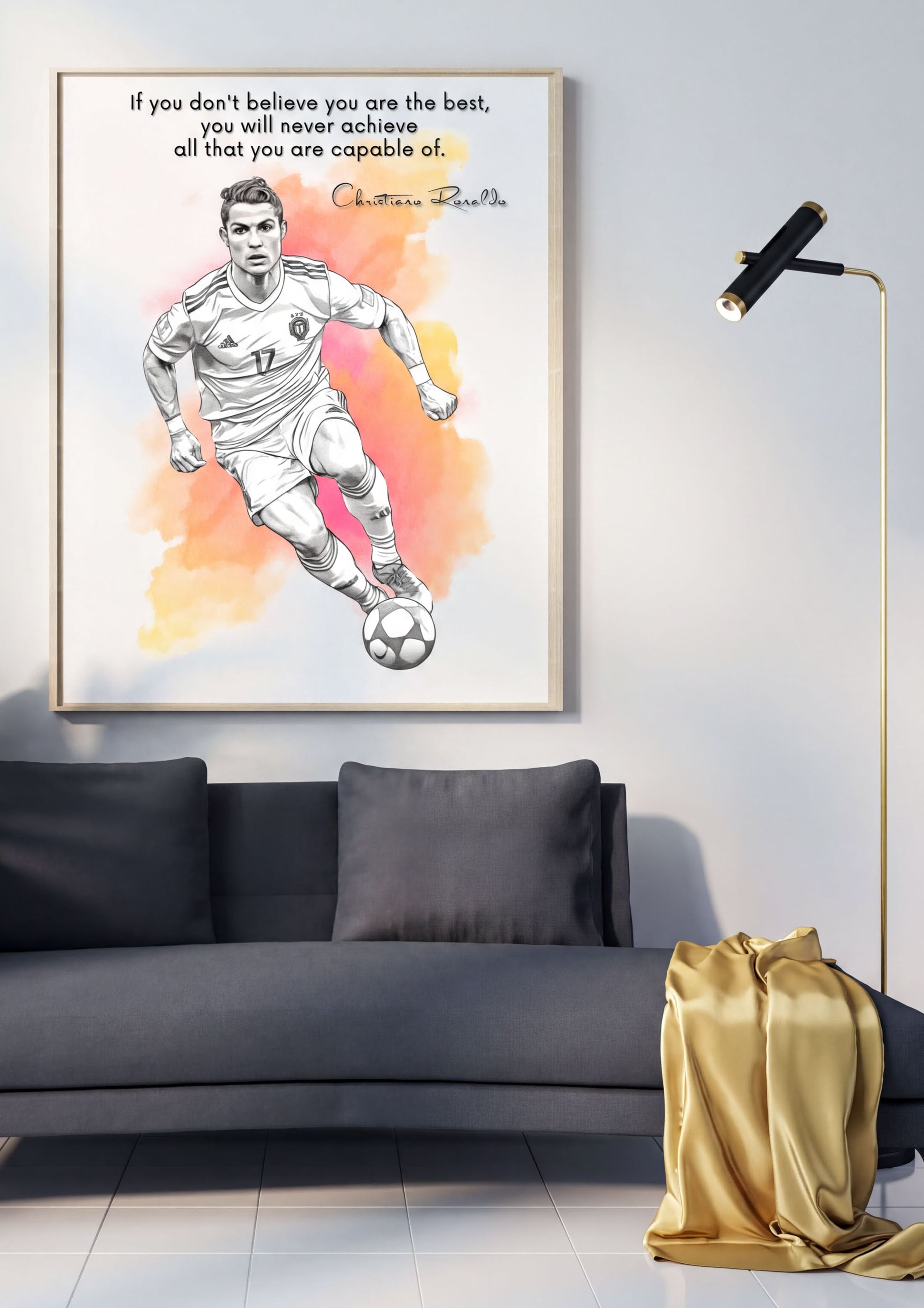 Cristiano Ronaldo Quote Print featuring motivational quote on wall art above modern sofa in stylish living room.