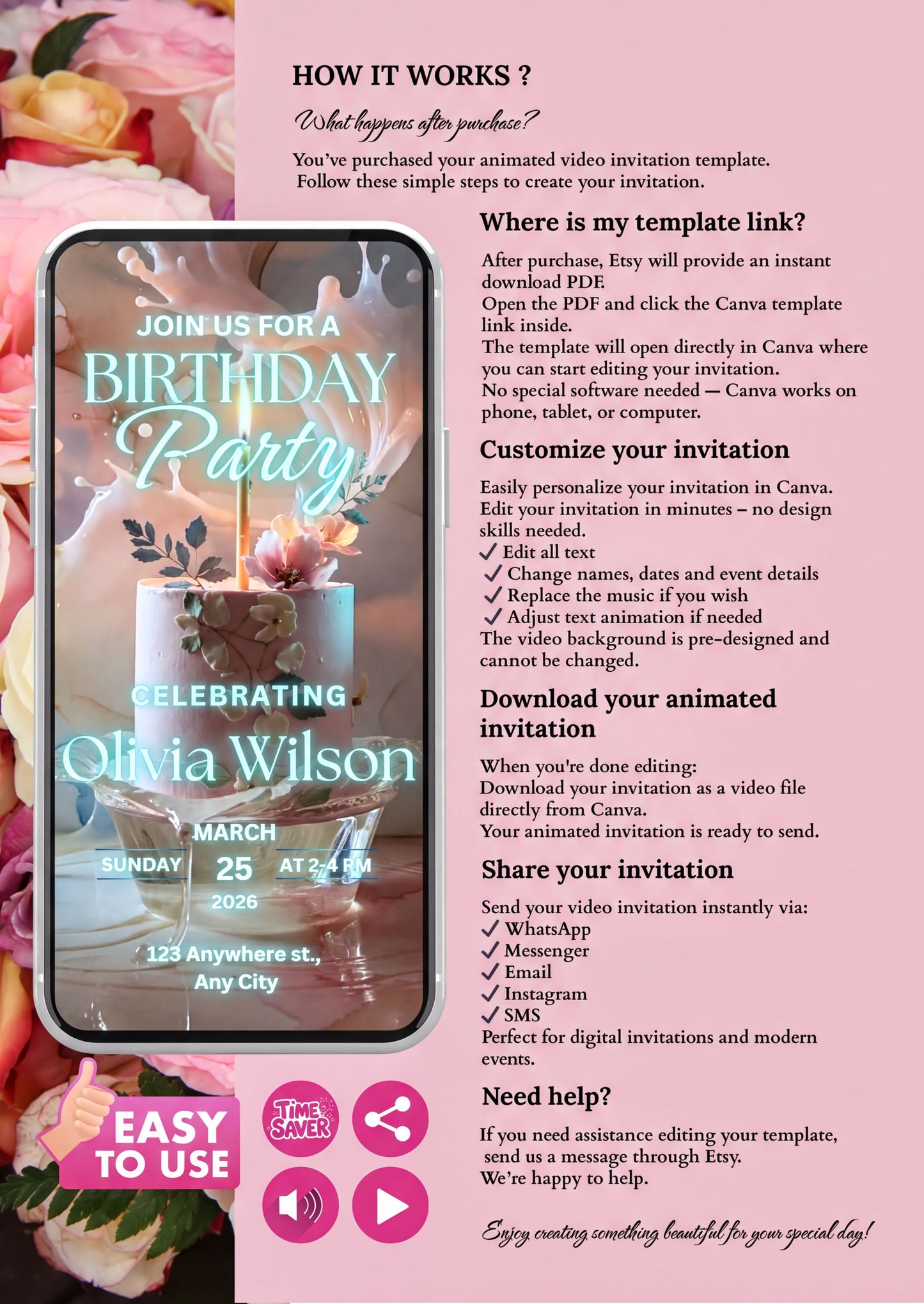 Editable Birthday Invitation showcasing a glowing cake video invite and customization steps for a birthday party.