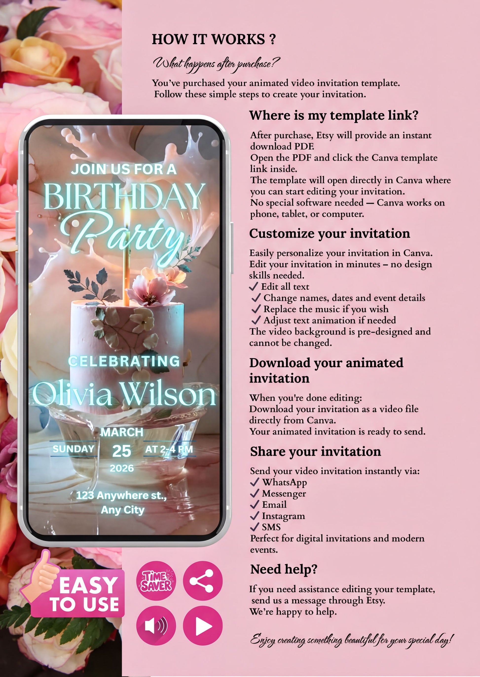 Editable Birthday Invitation showcasing a glowing cake video invite and customization steps for a birthday party.