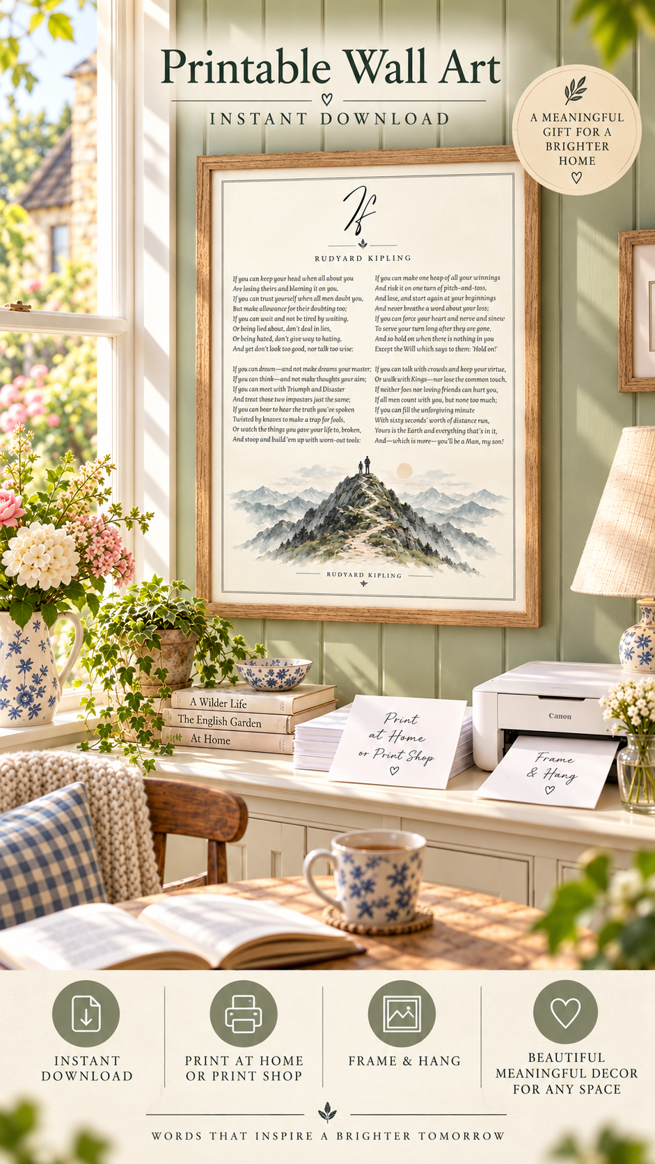 If Poem Printable Wall Art featuring Rudyard Kipling's poem with a mountain illustration, perfect for home decor inspiration.