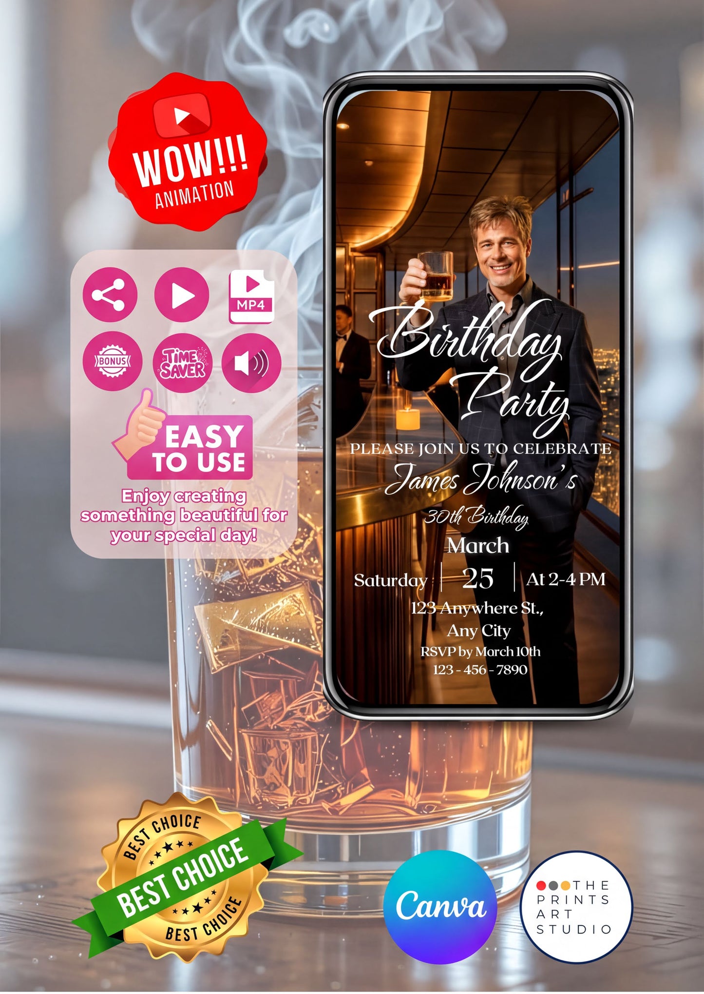Whiskey Birthday Invitation featuring a gentleman raising a toast with gold accents, perfect for milestone celebrations.