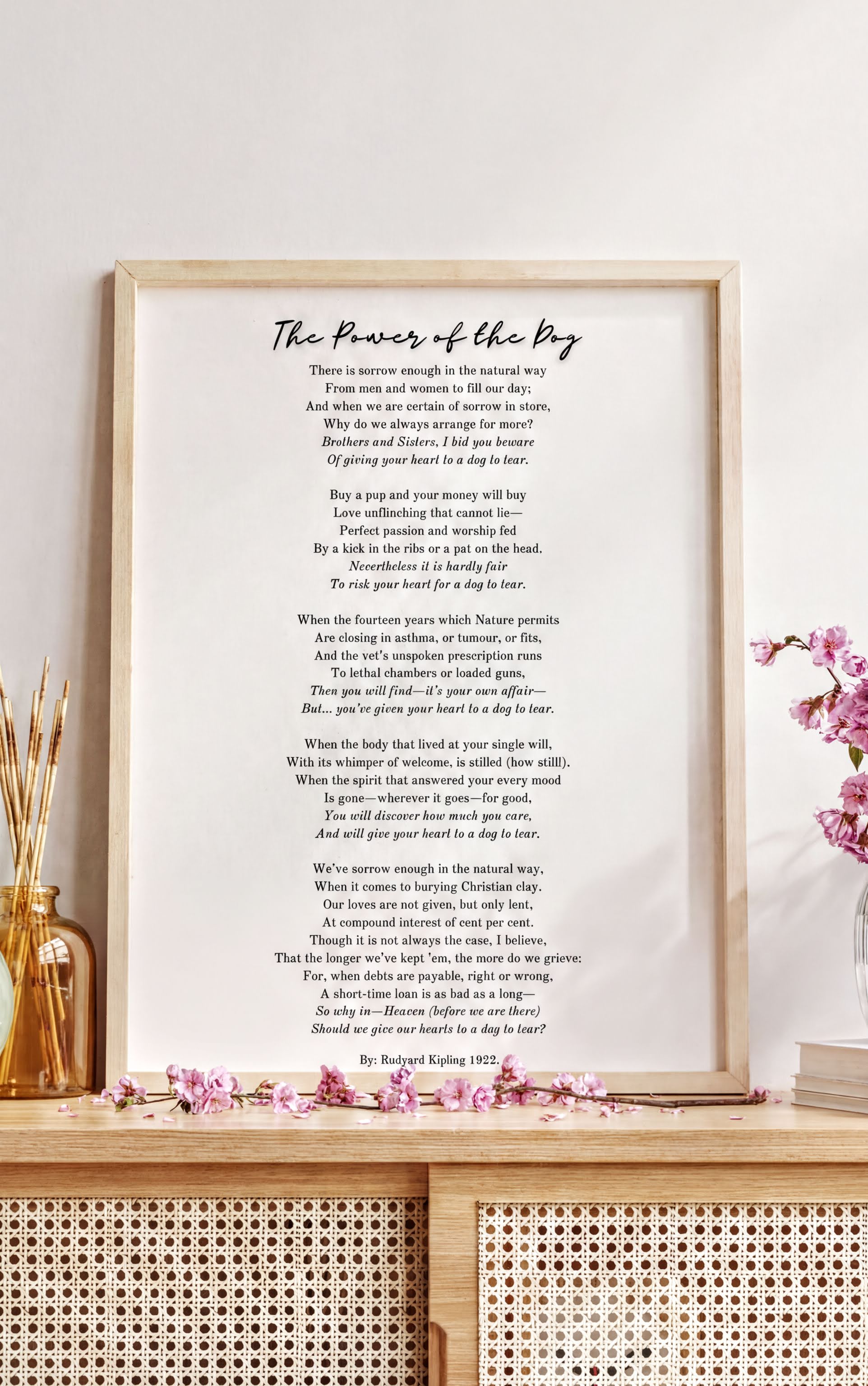 The Power of the Dog by Rudyard Kipling – Heartfelt Pet Loss Poem Print framed on a shelf with decorative flowers