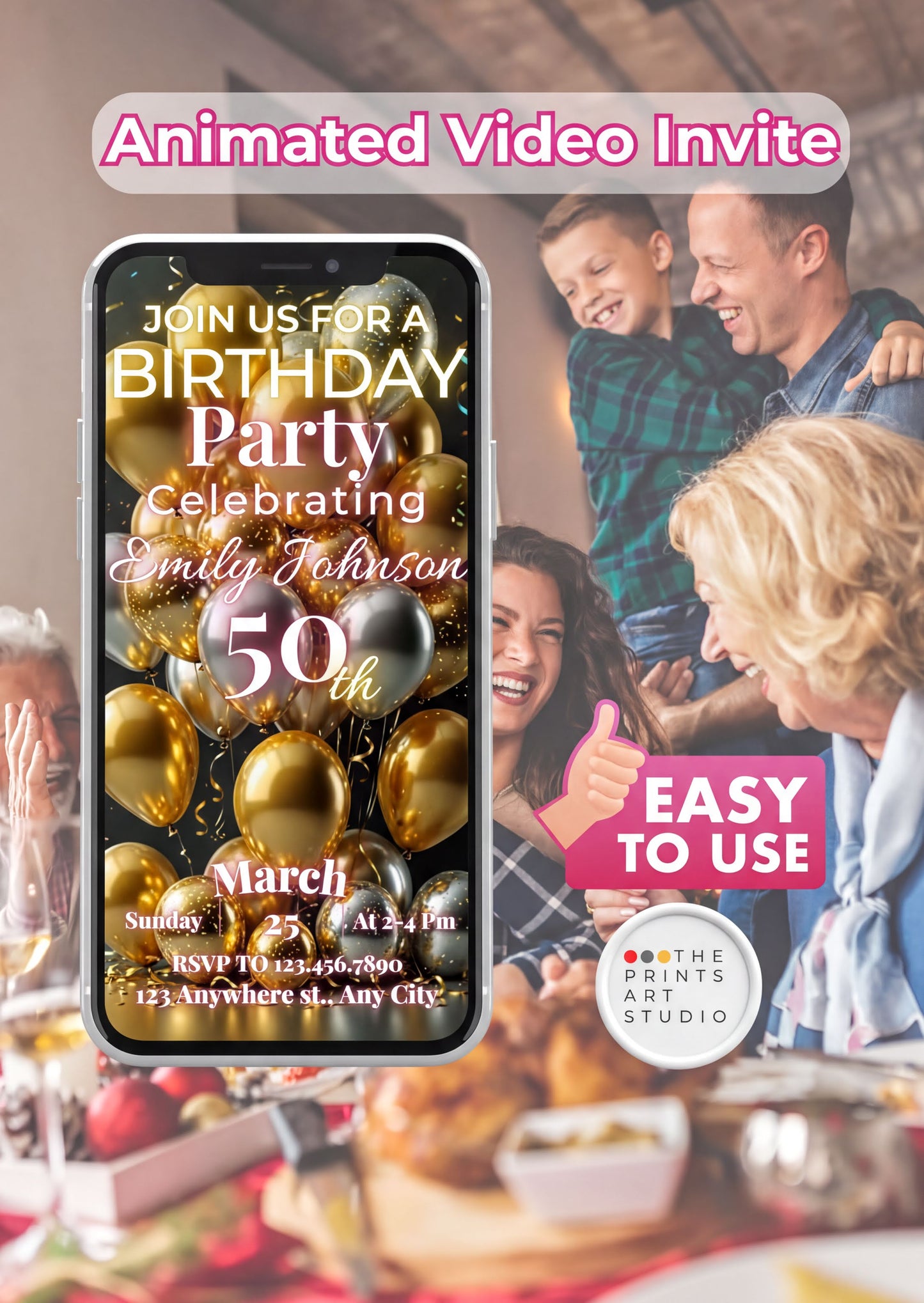 50th Birthday Video Invitation with golden balloons and family celebration in background