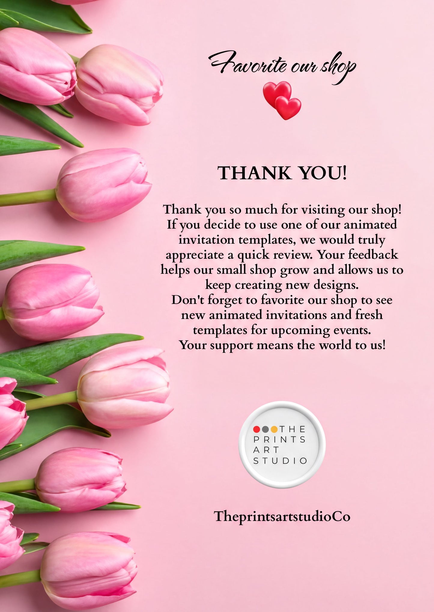 Bluey Birthday Invitation. Thank you note surrounded by pink tulips urging customers to favorite the shop and review invitation templates.