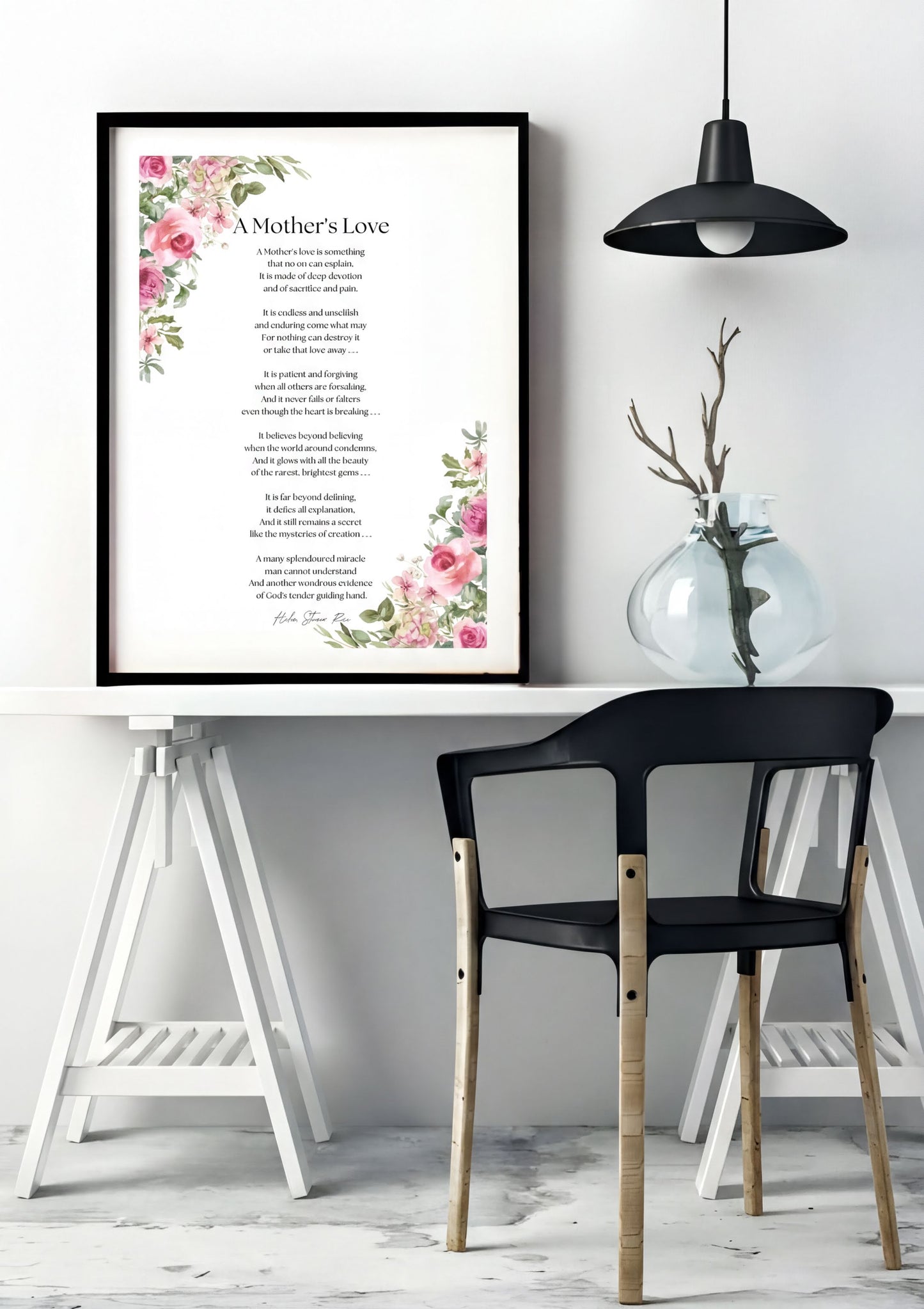 Mothers Love Poem Print framed in floral design on a minimalist wall art display, perfect for home decor.