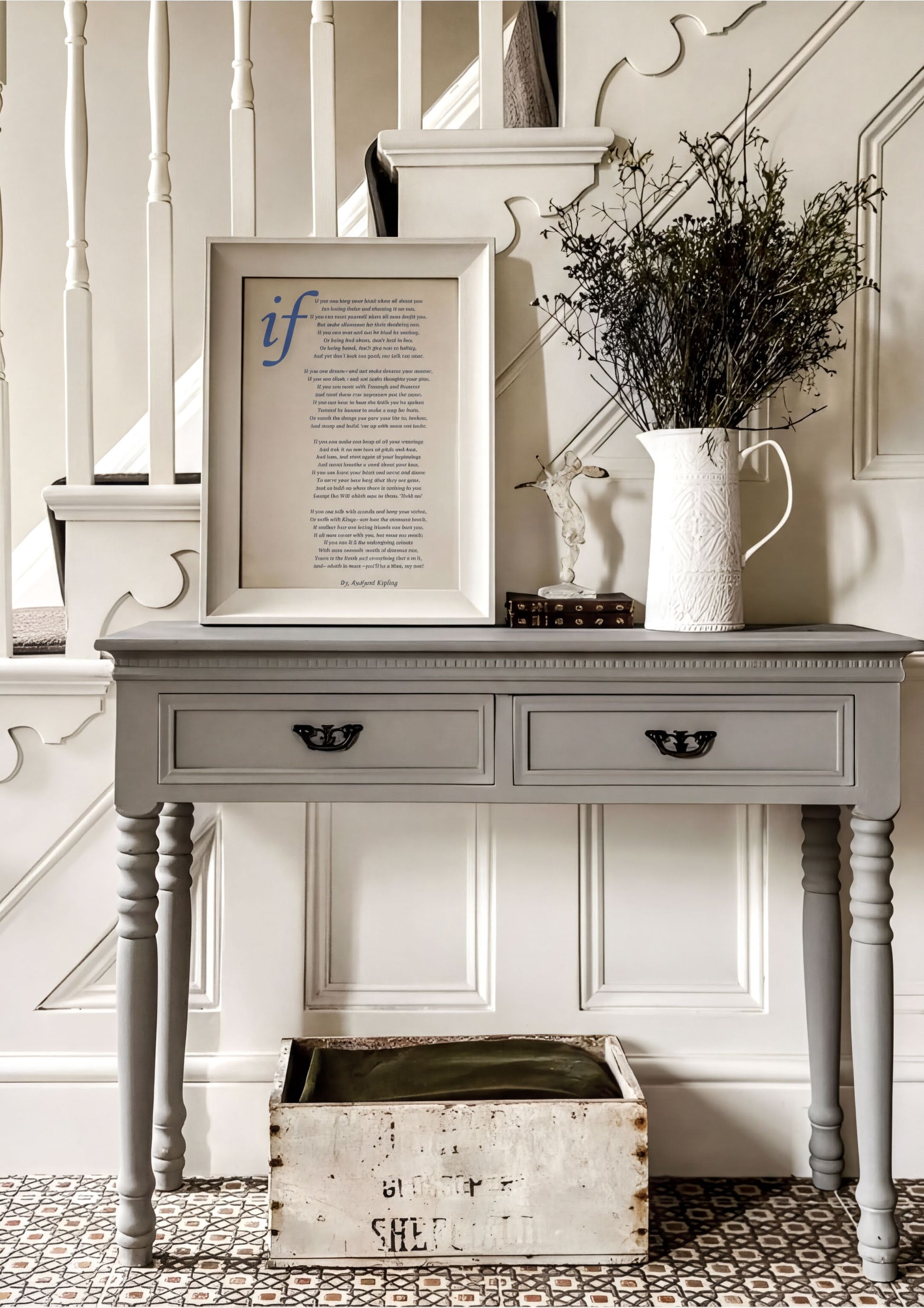 If Rudyard Kipling Poem Printable displayed on a stylish gray console table with decor.