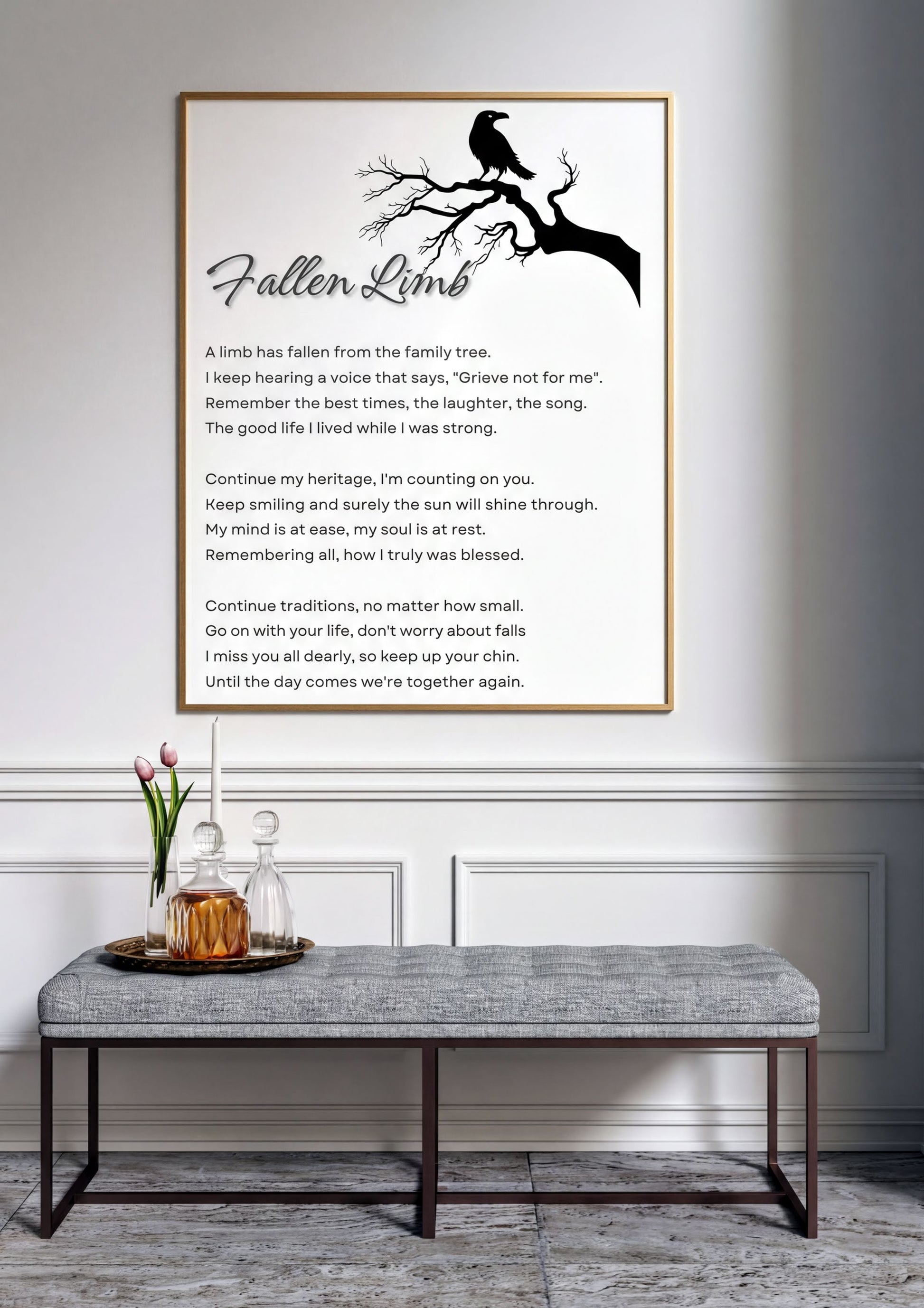 Memorial Poem Fallen Limb digital art with tree branch and raven for sympathy and reflection.