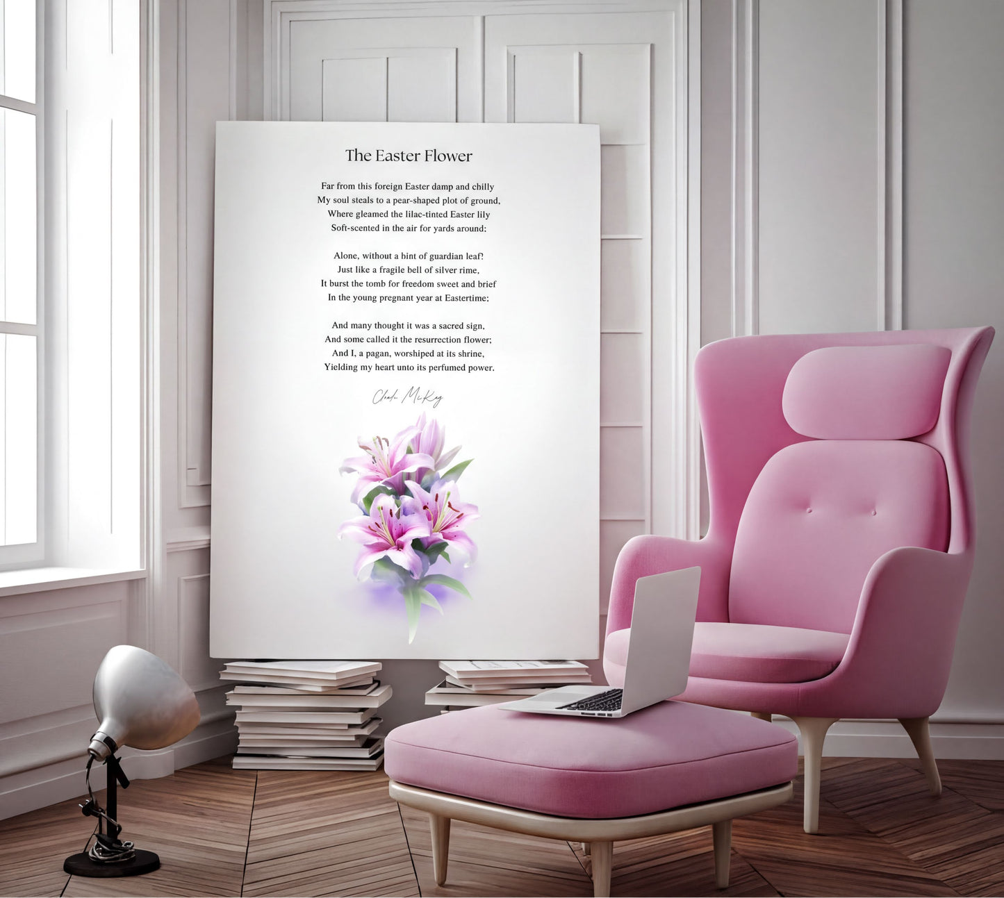 Easter Poetry Wall Art featuring The Easter Flower poem by Claude McKay with elegant lily illustration in a stylish room.
