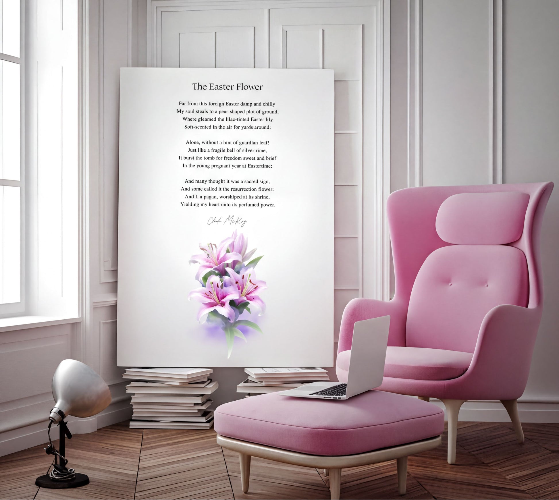 Easter Poetry Wall Art featuring The Easter Flower poem by Claude McKay with elegant lily illustration in a stylish room.
