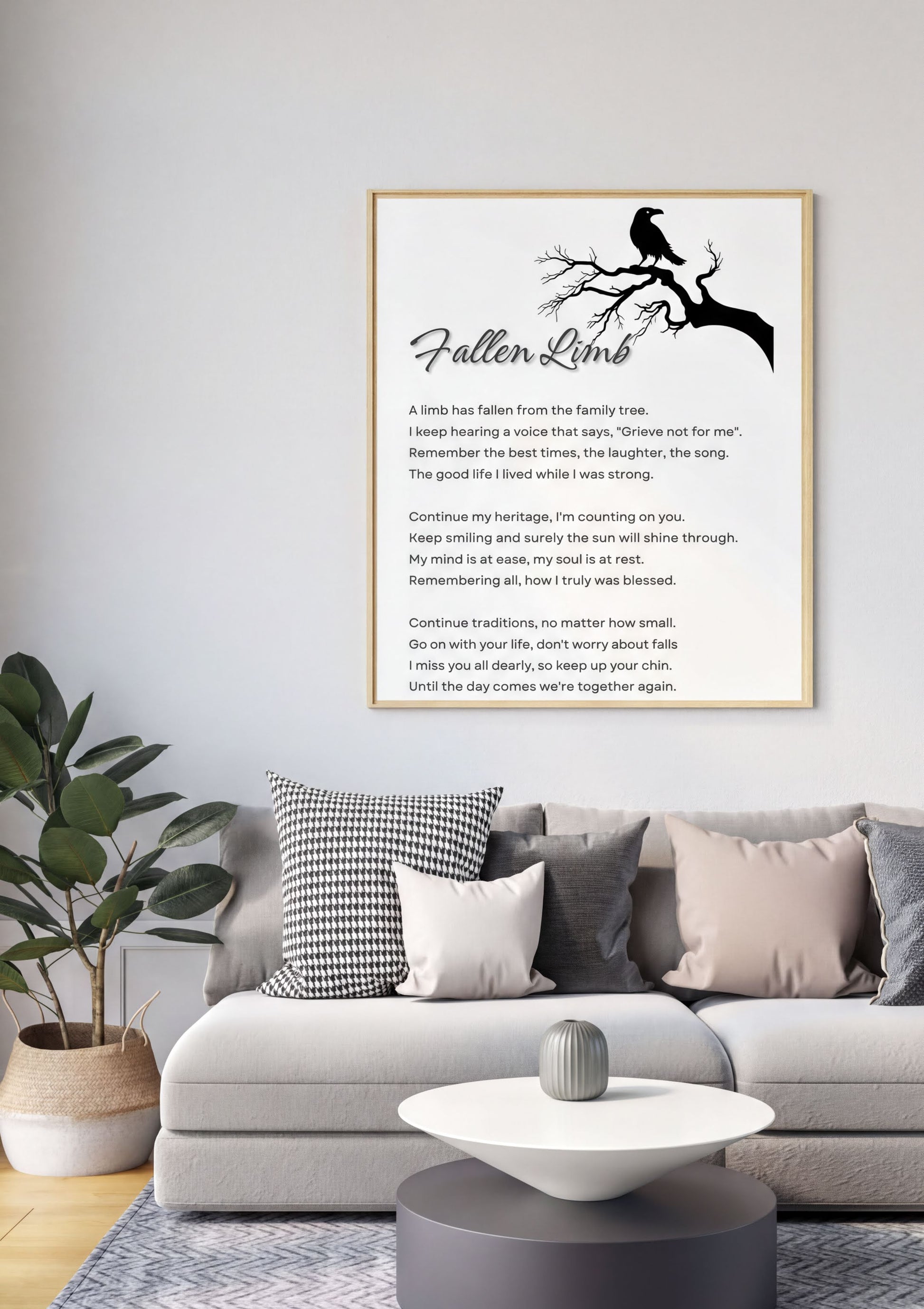 Memorial Poem Fallen Limb digital art displayed in a living room setting, featuring a tree branch and raven.