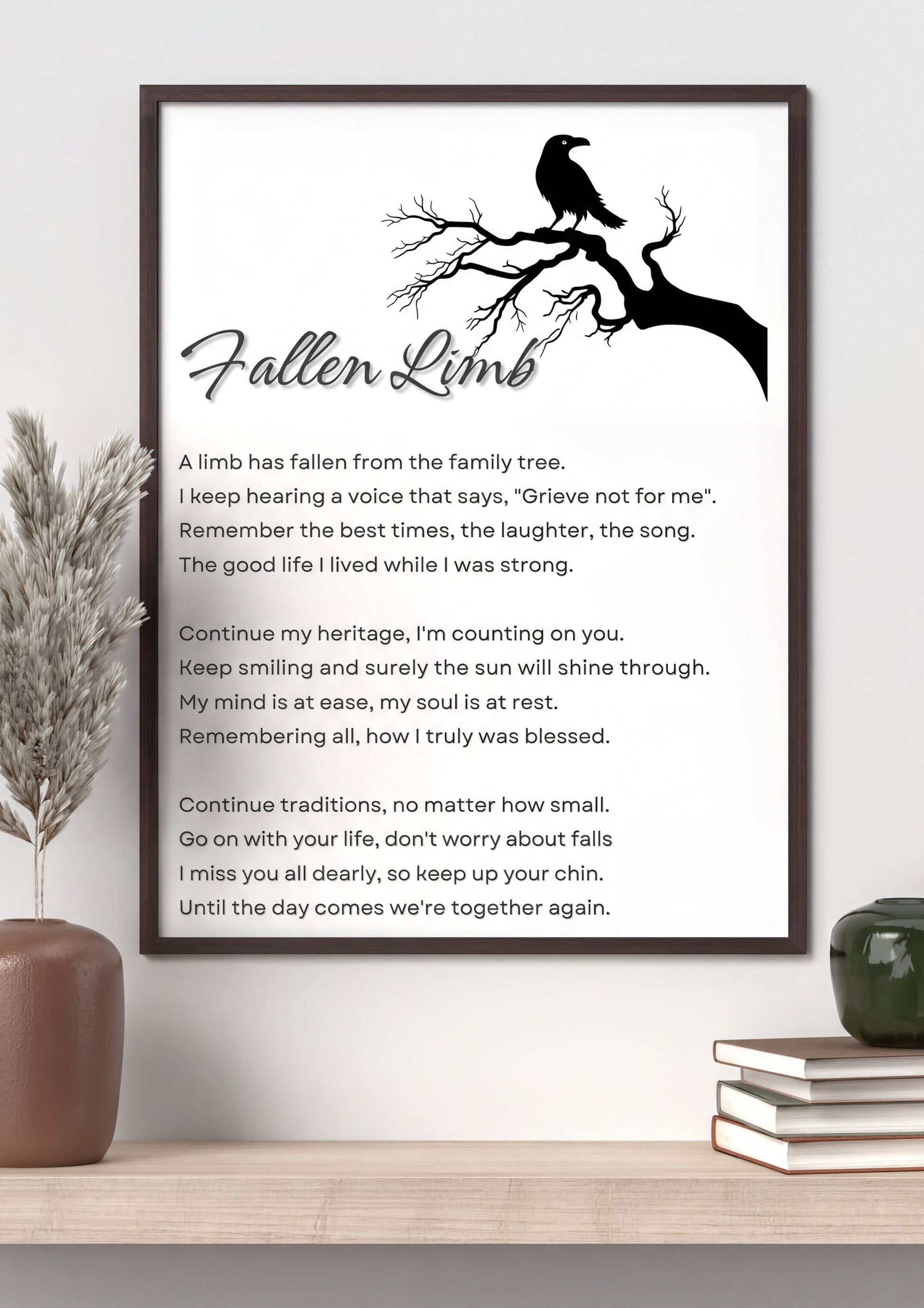 Memorial Poem Fallen Limb digital art displaying a heartfelt tribute with a raven and tree branch illustration.
