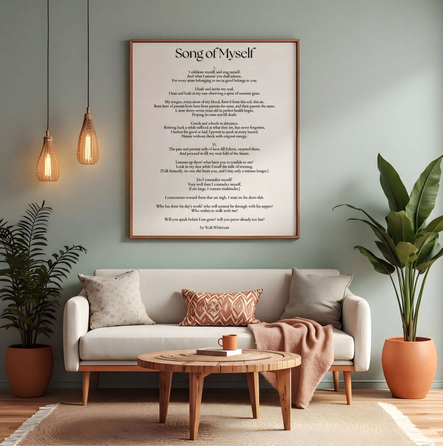 Song of Myself Print displayed in a stylish living room featuring minimalist decor and elegant typography.