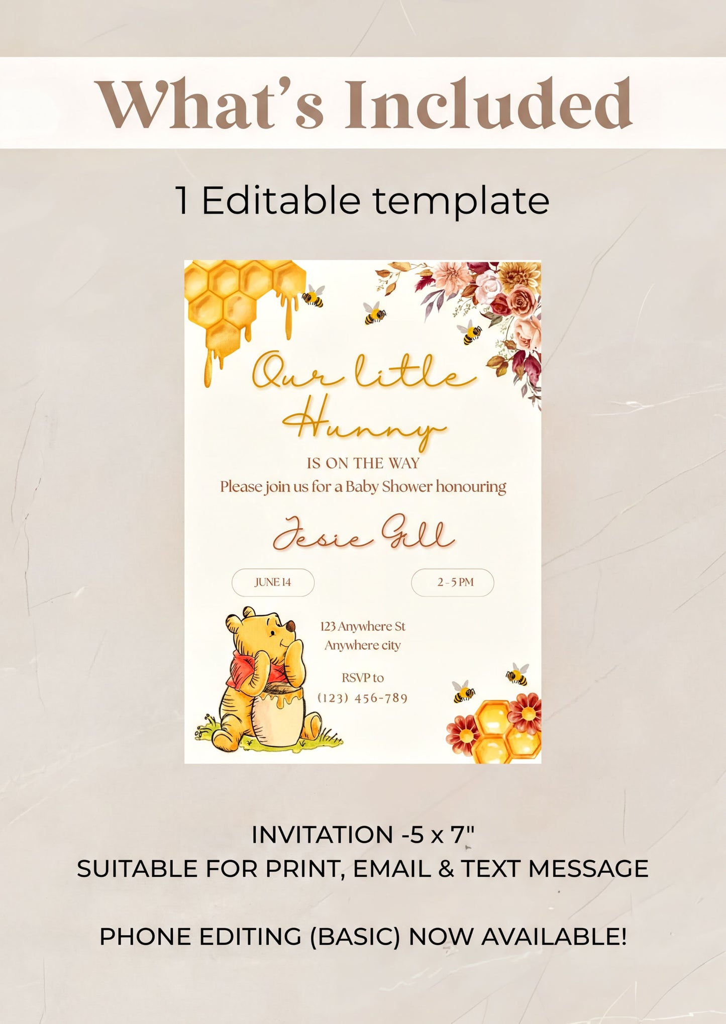 Winnie the Pooh Invitation featuring an editable template for a baby shower with floral and honeycomb design.
