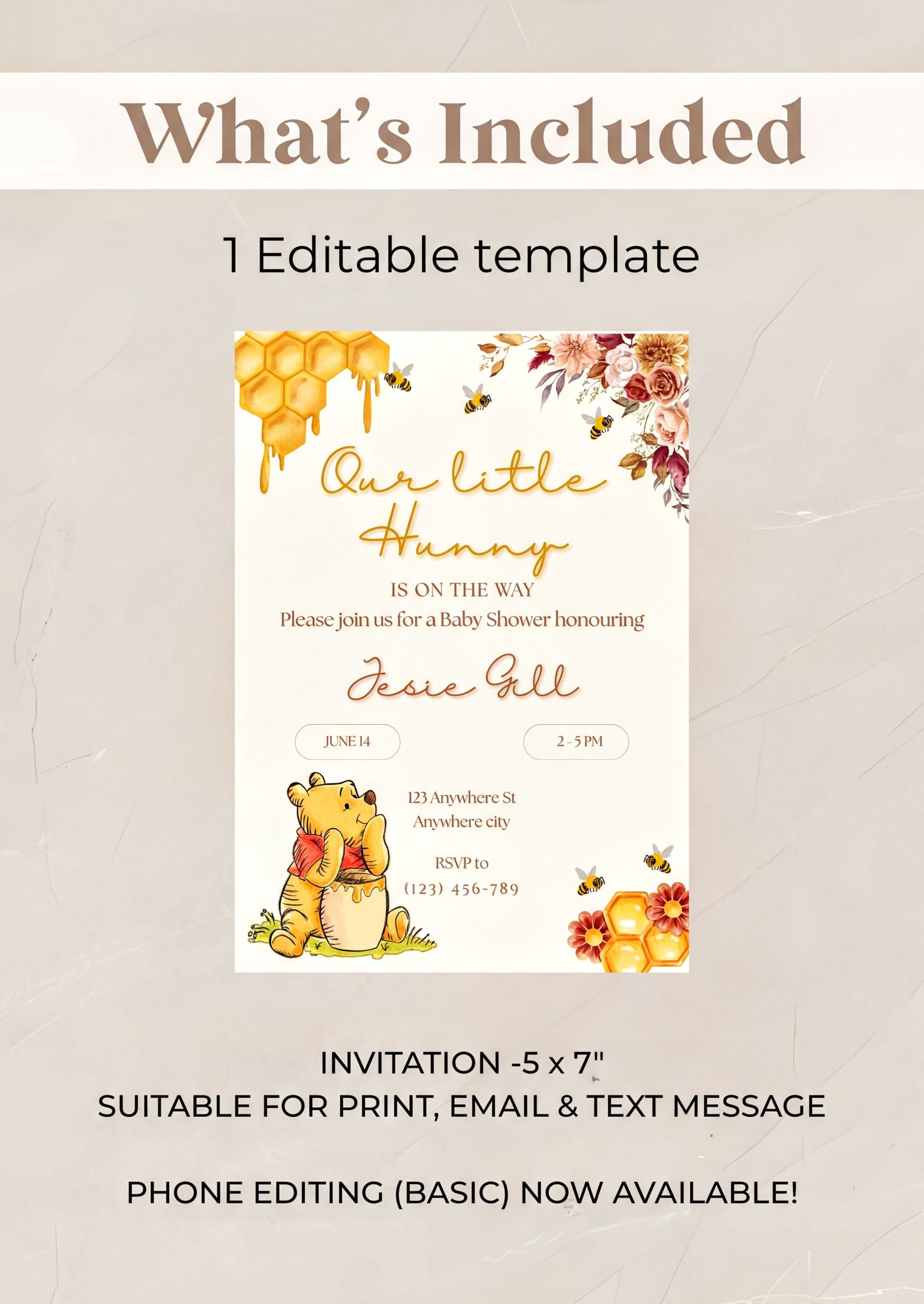 Winnie the Pooh Invitation featuring an editable template for a baby shower with floral and honeycomb design.