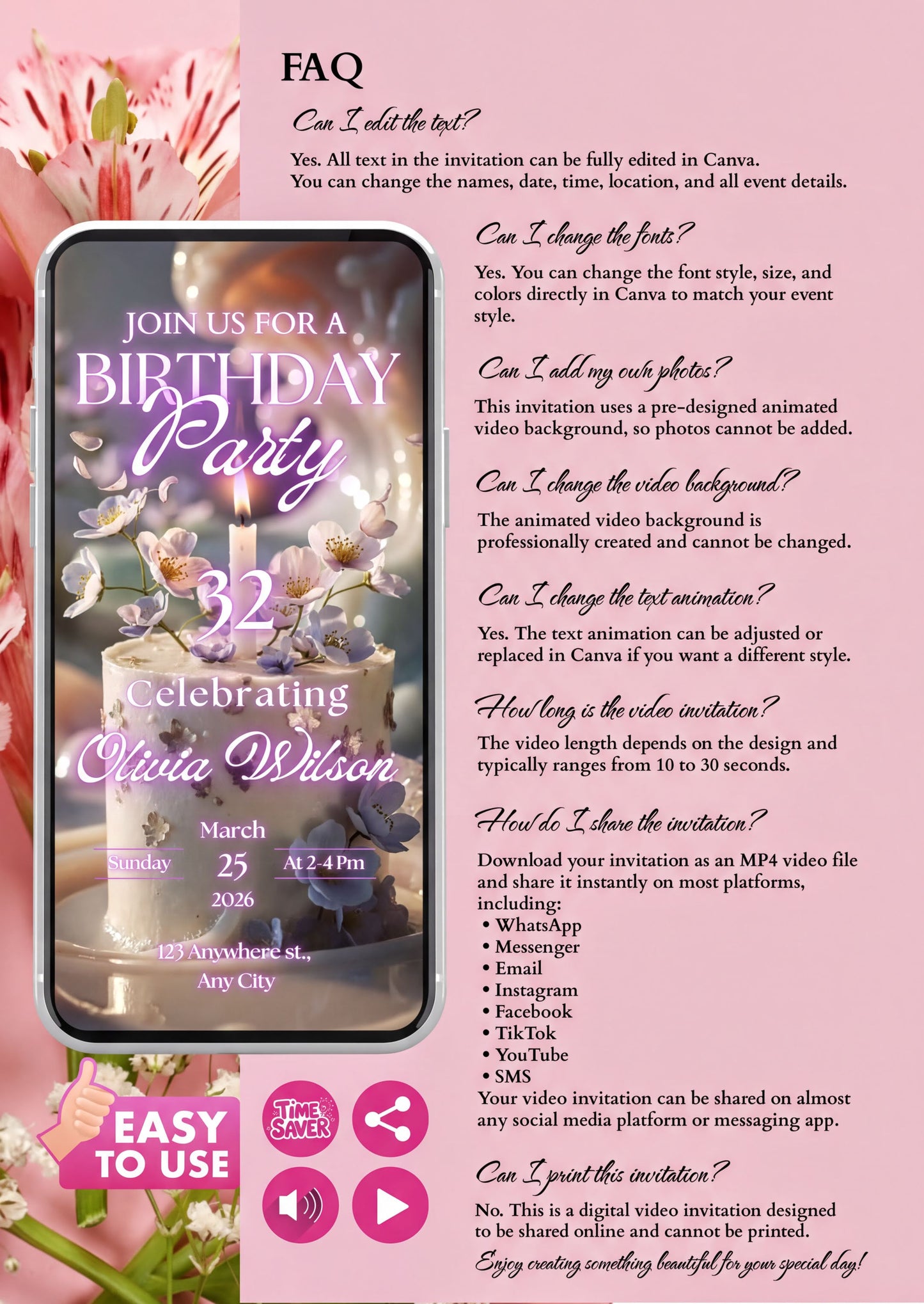 Luxury Animated Invitation for a stylish birthday party video card featuring digital design and editable features.