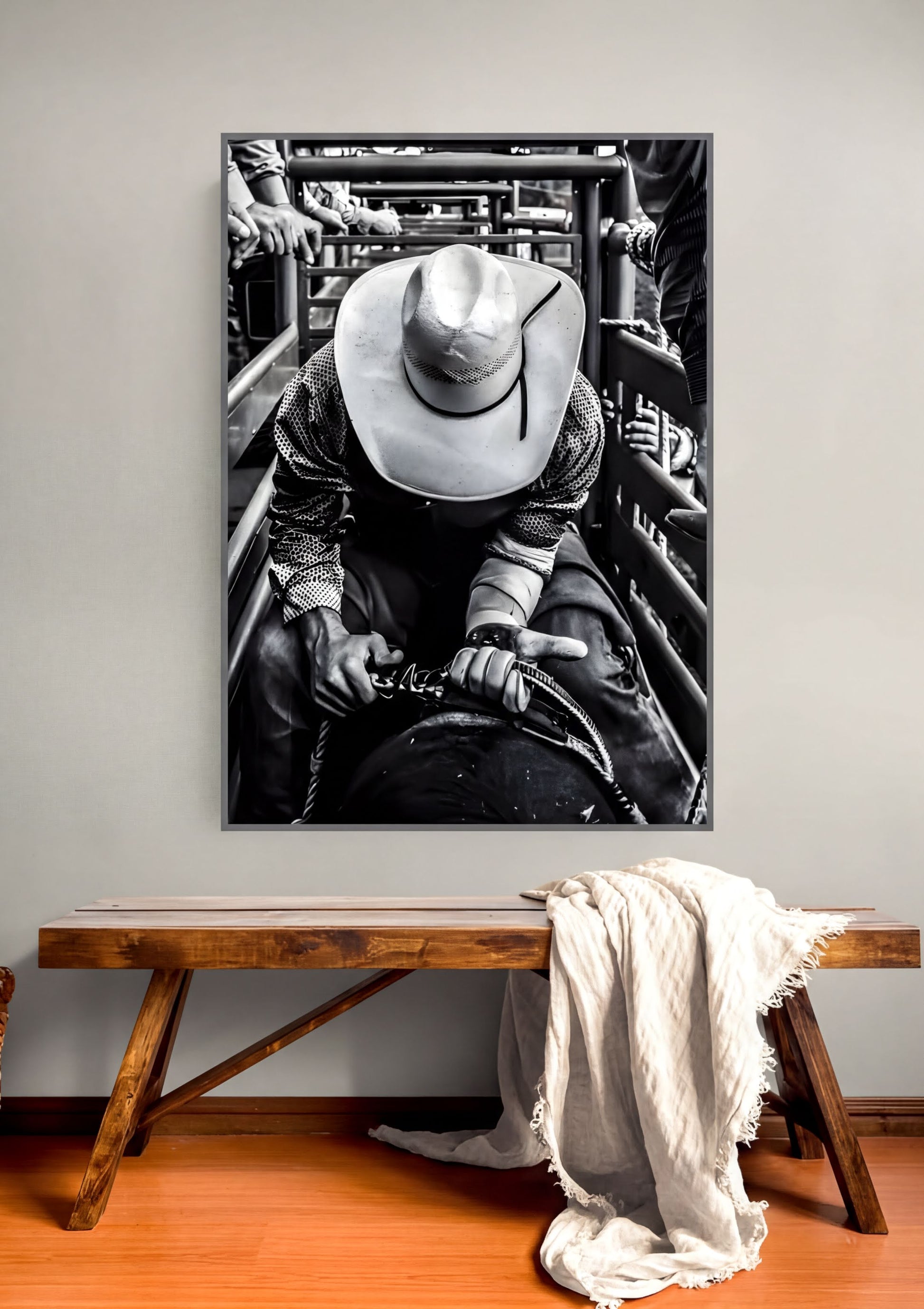 Cowboy Rodeo Wall Art showcasing a cowboy preparing for a ride, perfect for rustic decor lovers.
