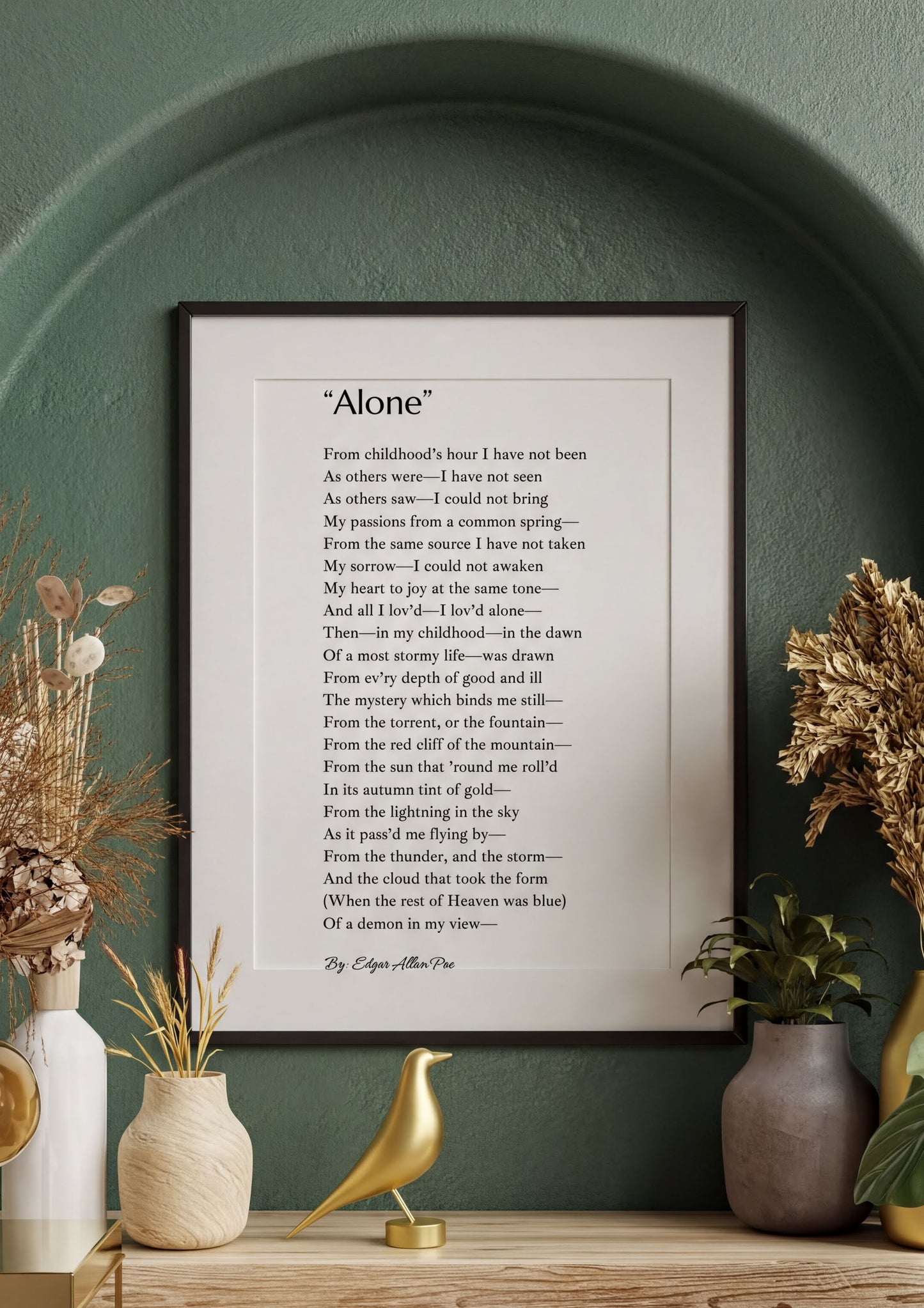 Alone Edgar Allan Poe Print displayed in a stylish frame, showcasing gothic literature decor for poetry lovers.