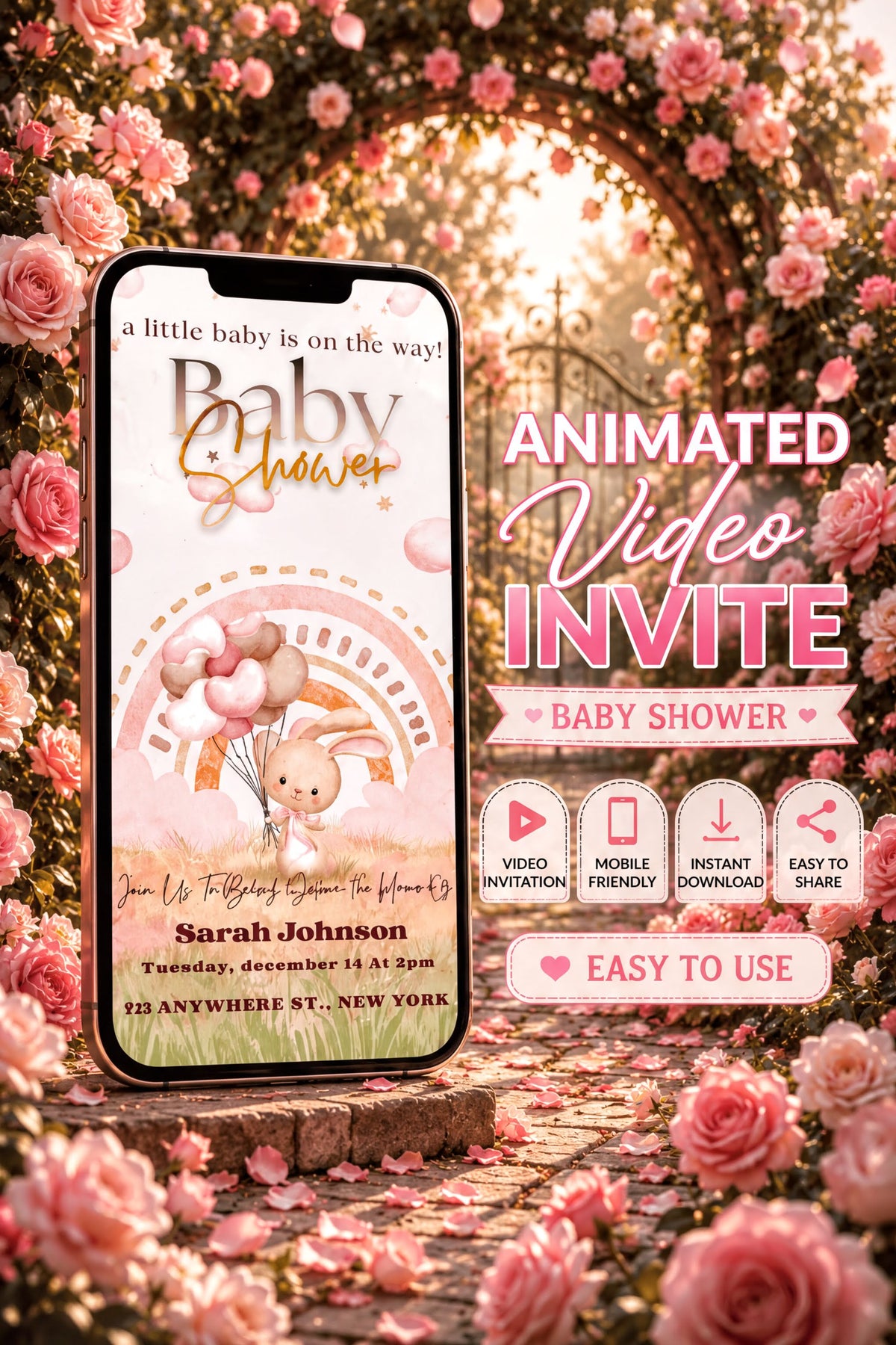 Baby Shower Video Invitation design featuring a bunny theme with pastel colors, perfect for a baby shower celebration.