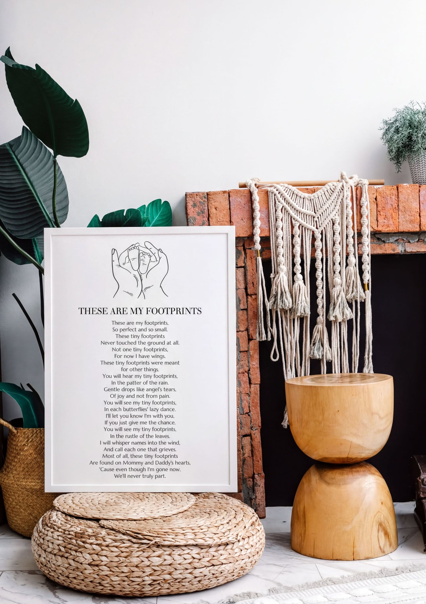 These Are My Footprints Poem Wall Art in cozy living room setting, featuring decorative plants and rustic decor.
