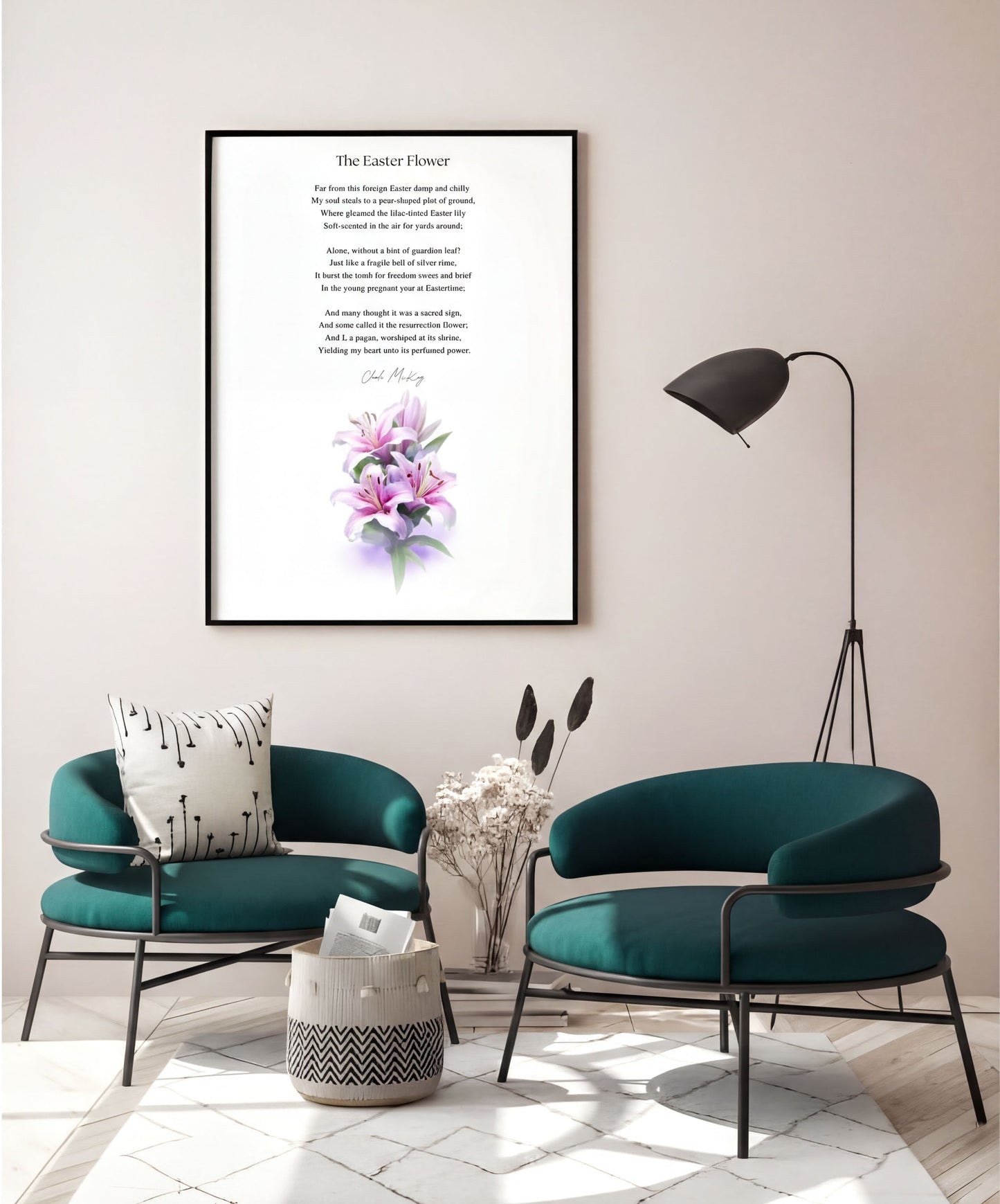 Easter Poetry Wall Art featuring The Easter Flower poem and elegant lily flower in a stylish living room setting.