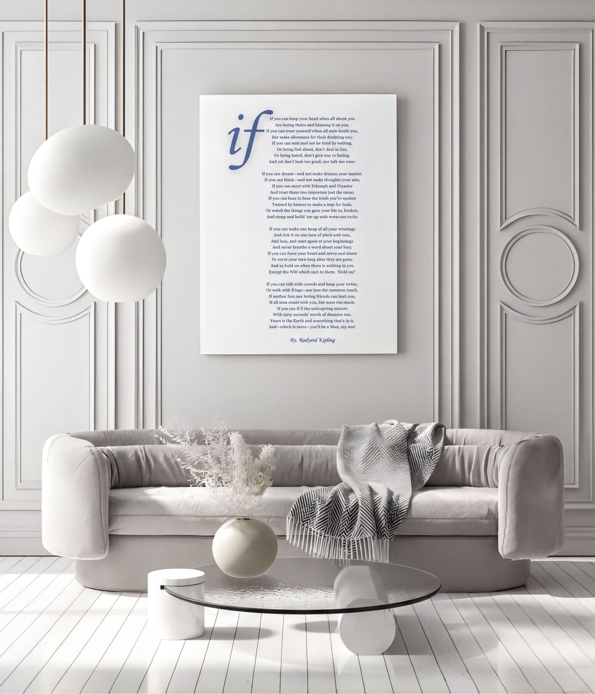 If Rudyard Kipling Poem Printable displayed in a modern living room with minimalist decor.