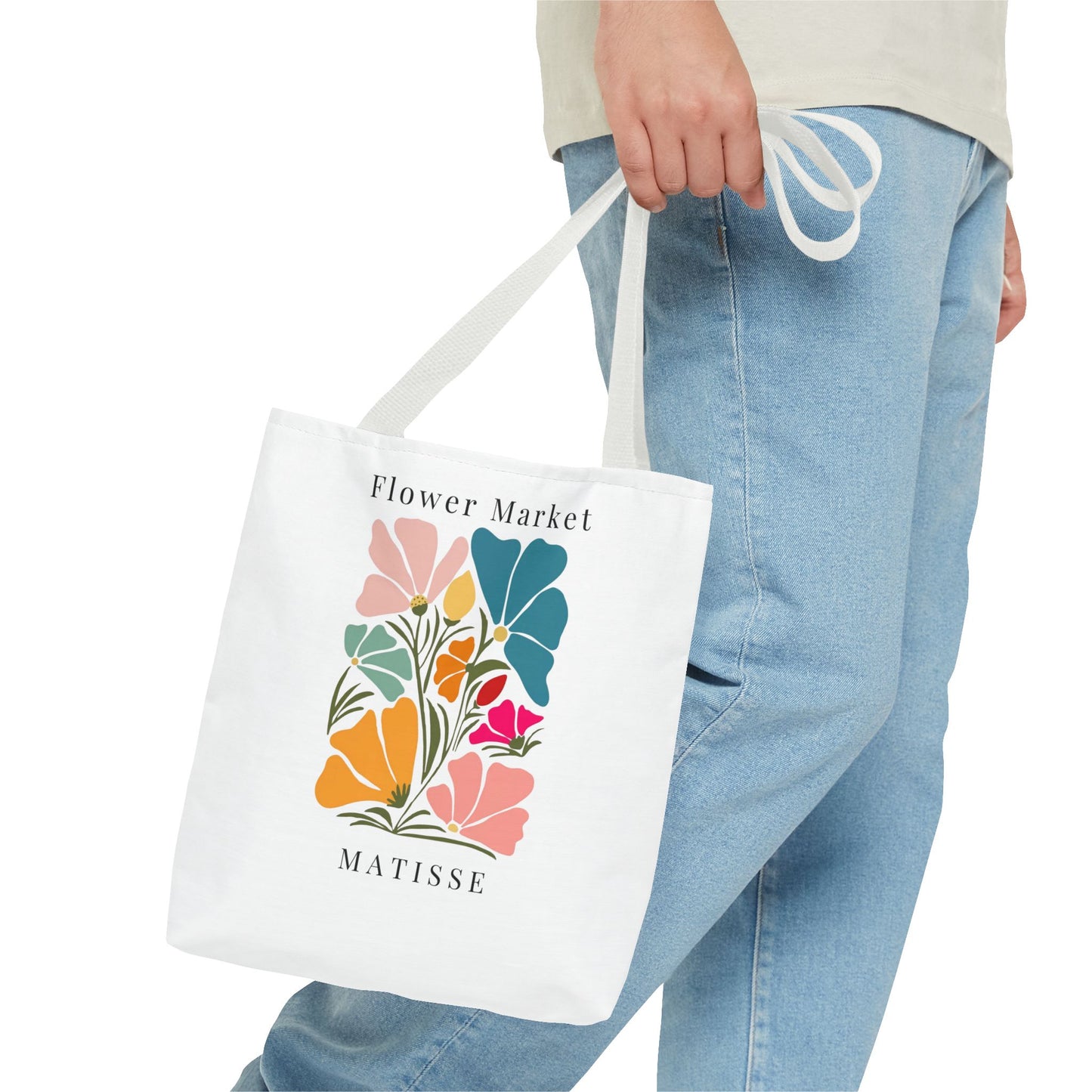 Henri Matisse tote bag with artistic floral design carried by person in jeans, showcasing colorful and creative style for art lovers.