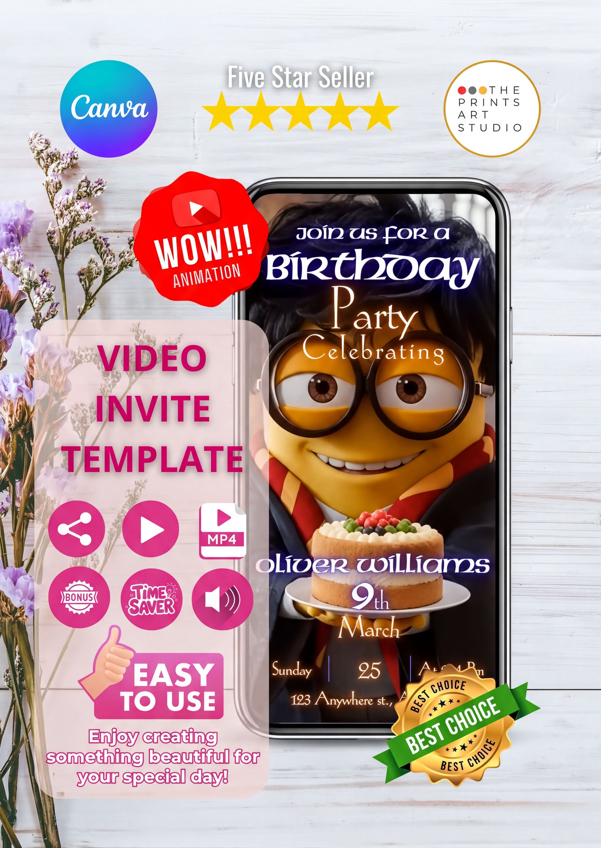 Harry Potter Minions birthday video invitation template with playful minion wizard theme on a smartphone screen