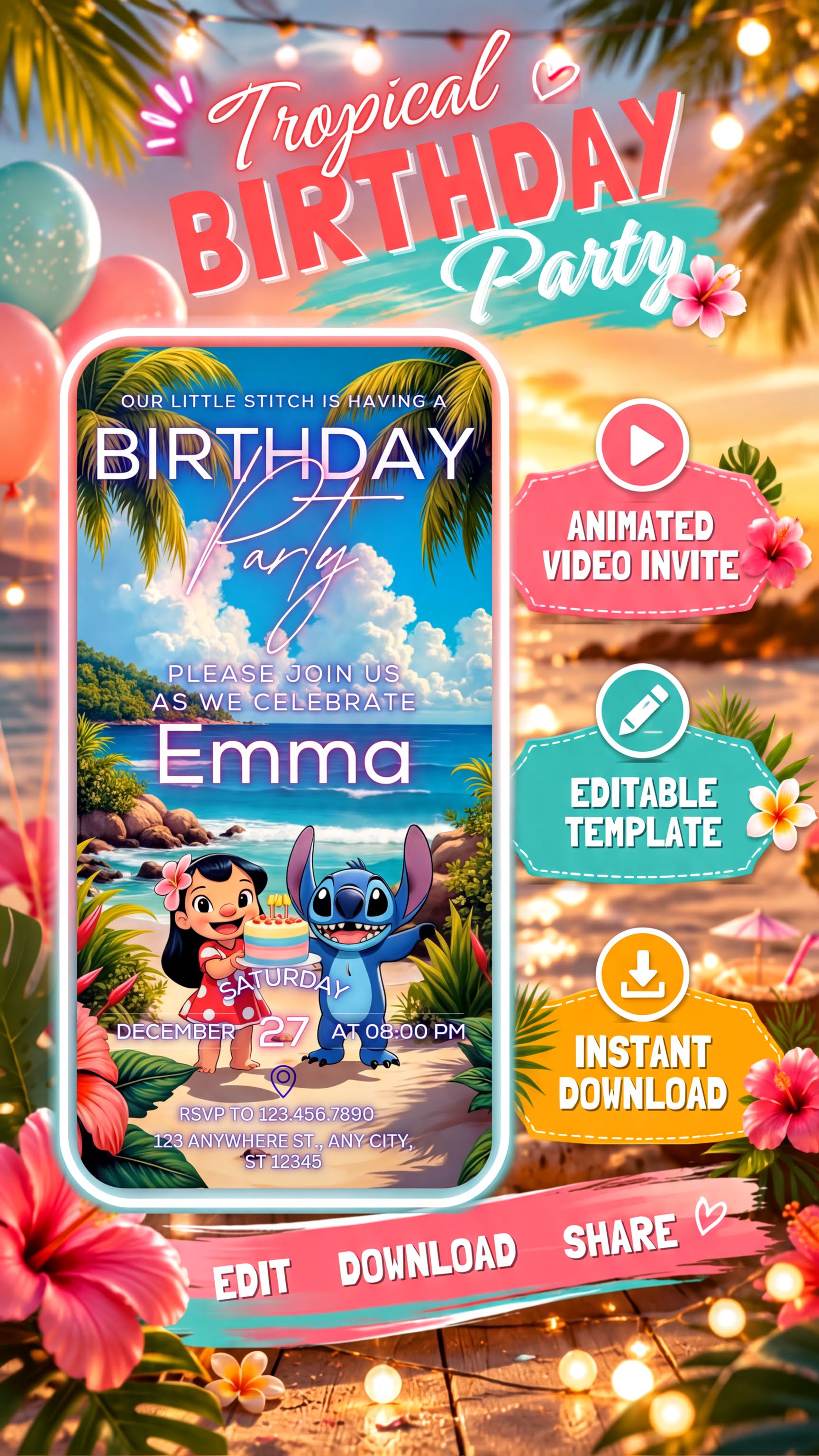 Lilo and Stitch birthday video invitation featuring a tropical party theme with animated elements.
