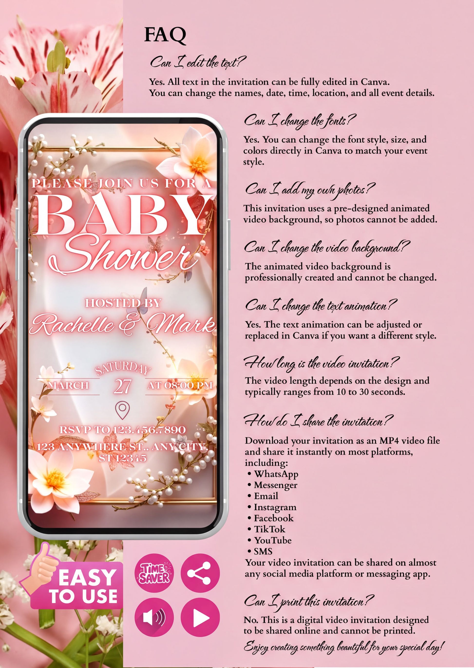 floral baby shower video invitation FAQ with editing options, details, and tips for hosts.