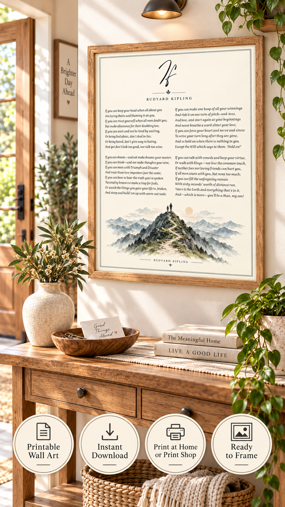 If Poem Printable Wall Art featuring Rudyard Kipling's poem with mountain illustration in a cozy home setting.