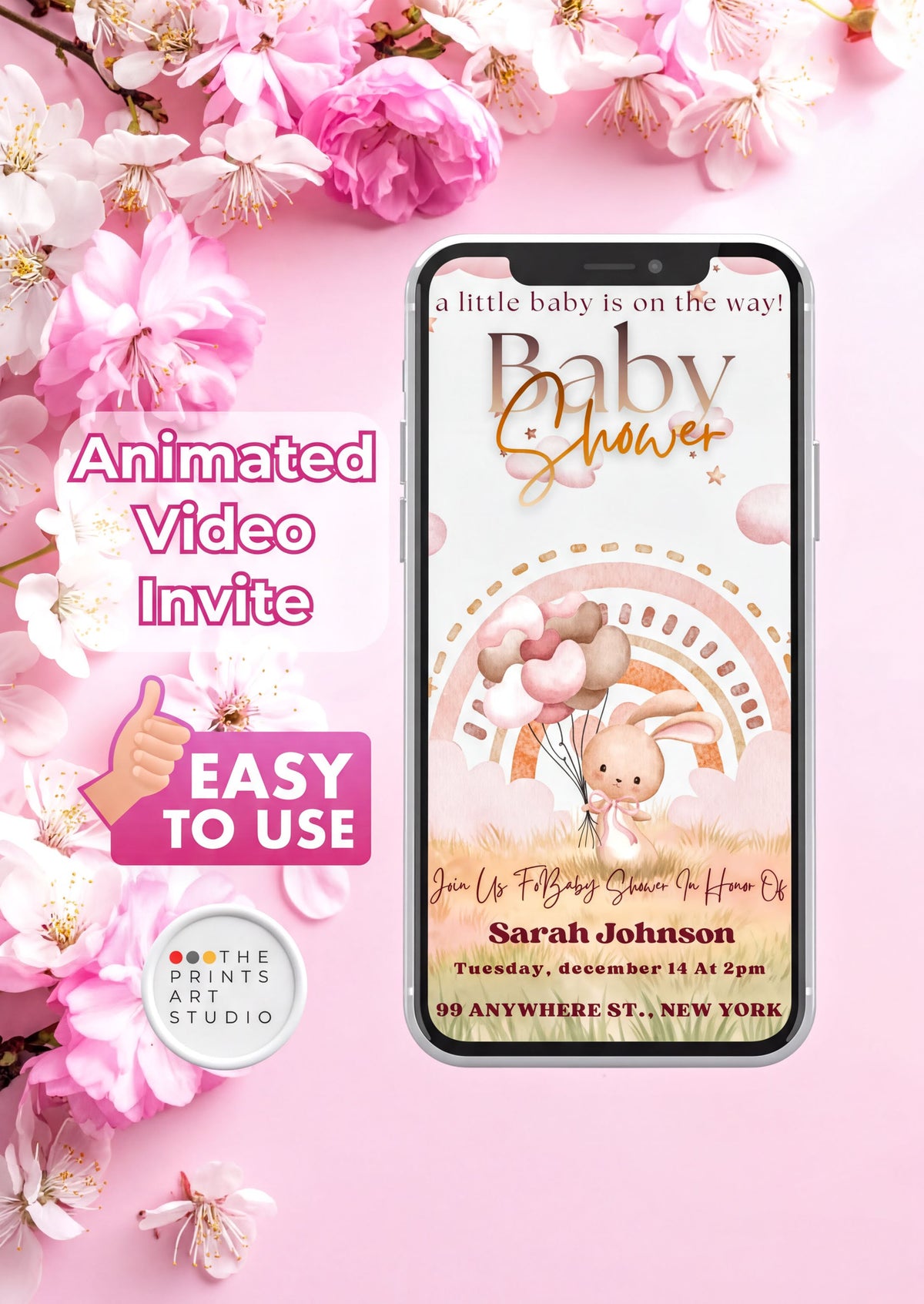 Animated Baby Shower Video Invitation with bunny and pastel theme on a smartphone, easy to use.