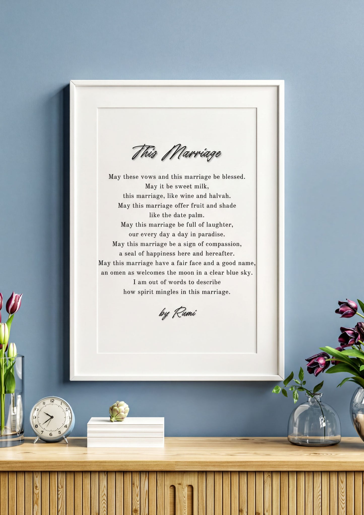 Rumi Wedding Poem Art displayed in a stylish frame on a wooden shelf, enhancing romantic home decor.