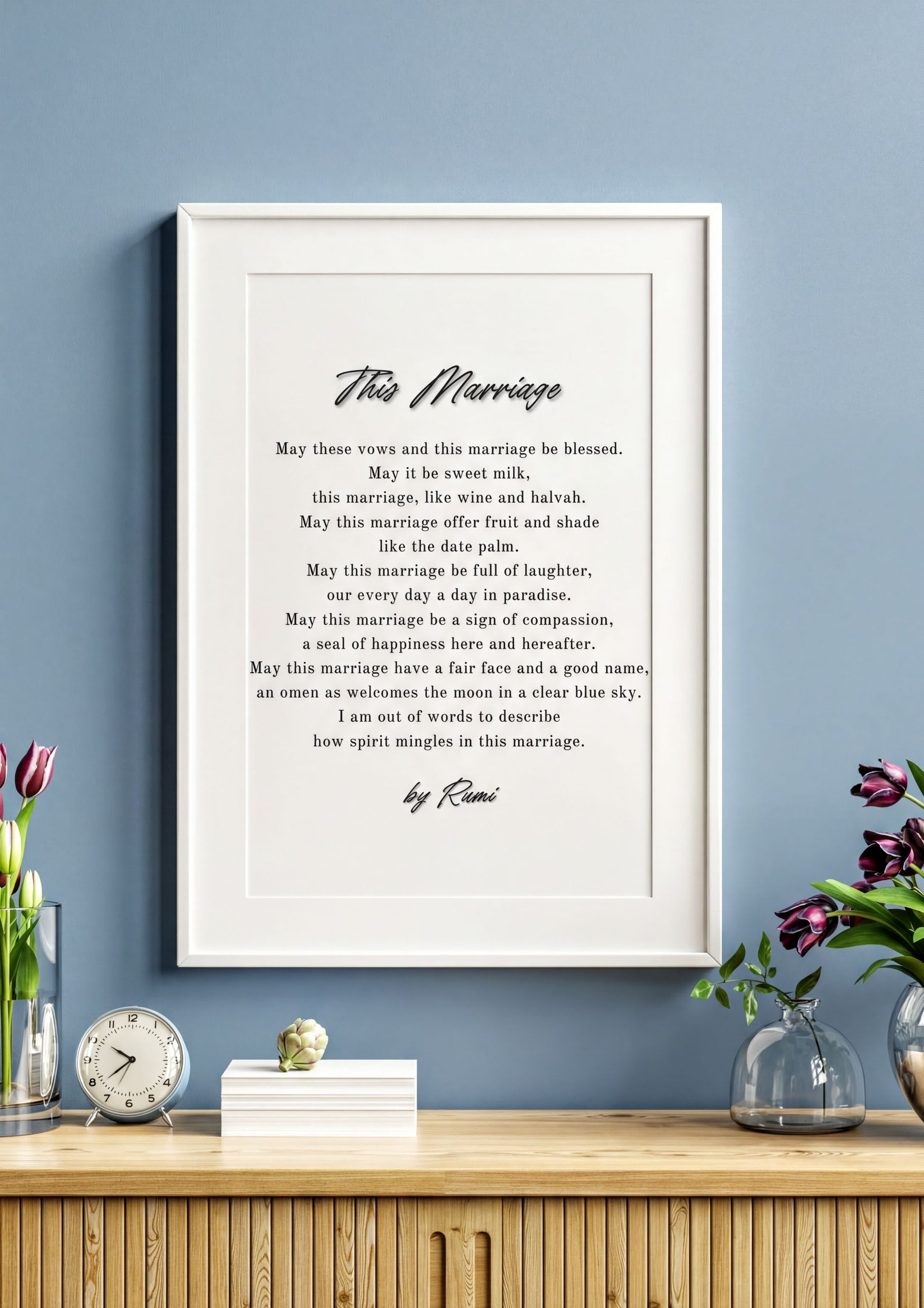 Rumi Wedding Poem Art displayed in a stylish frame on a wooden shelf, enhancing romantic home decor.