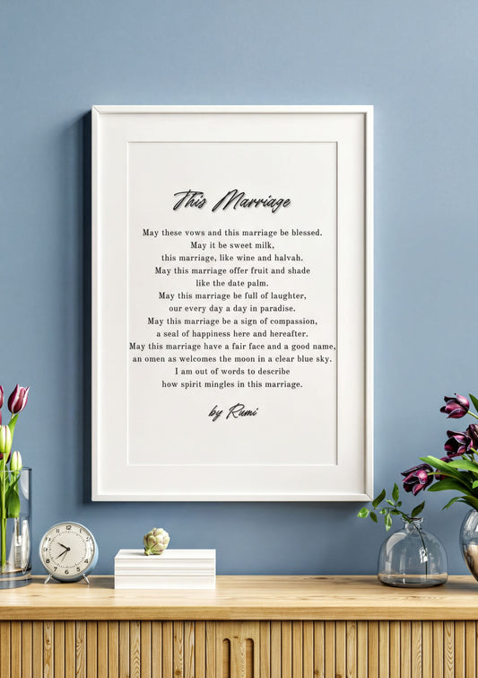 Rumi Wedding Poem Art displayed in a stylish frame on a wooden shelf, enhancing romantic home decor.