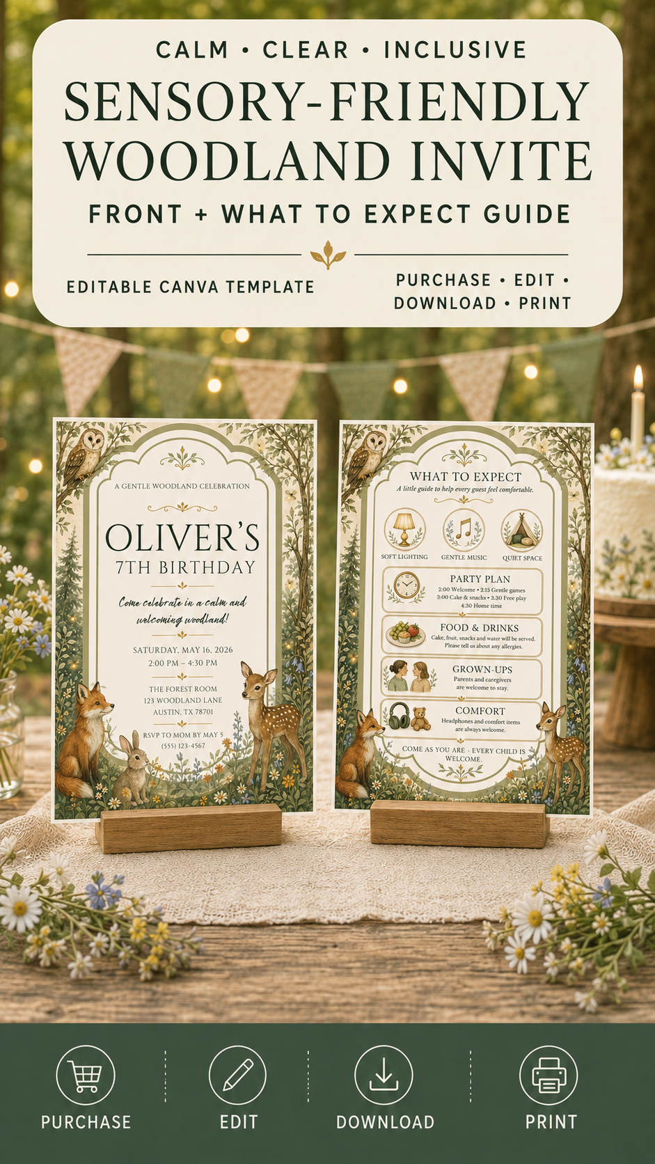 Sensory Friendly Woodland Birthday Invitation featuring a calming design and editable Canva template for a birthday celebration.