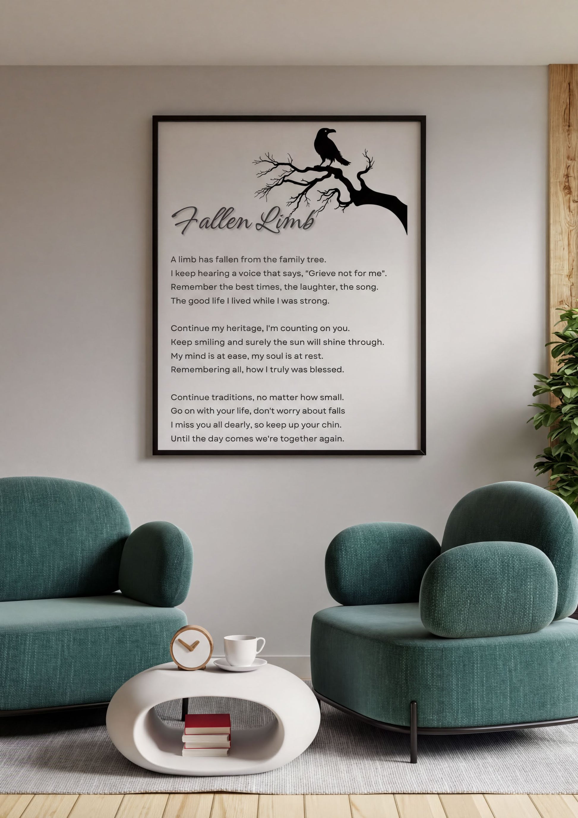 Memorial Poem Fallen Limb digital art displayed in a modern living room as a tribute to a loved one.