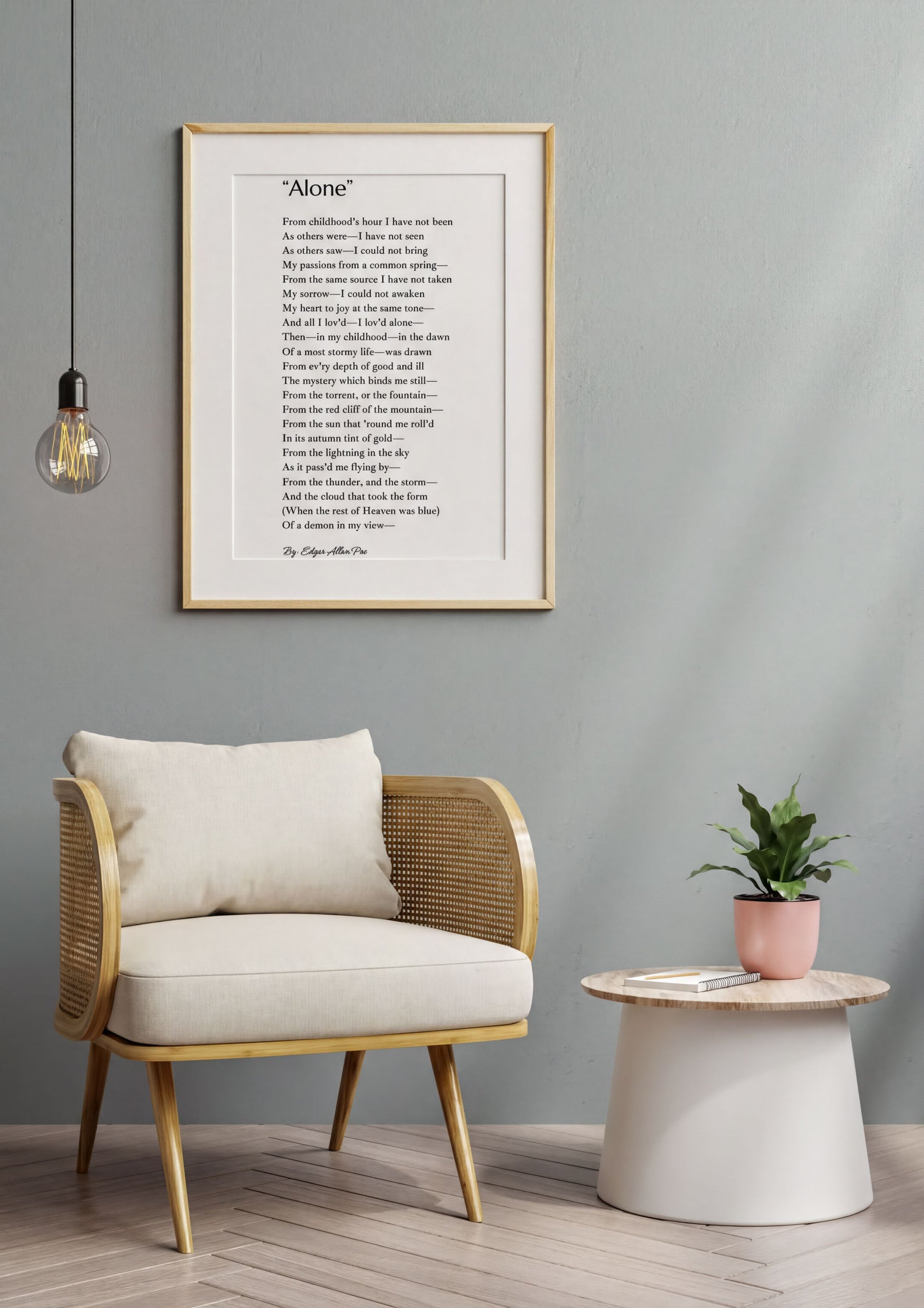 Alone Edgar Allan Poe Print displayed in a cozy living room setting, featuring gothic literature decor.