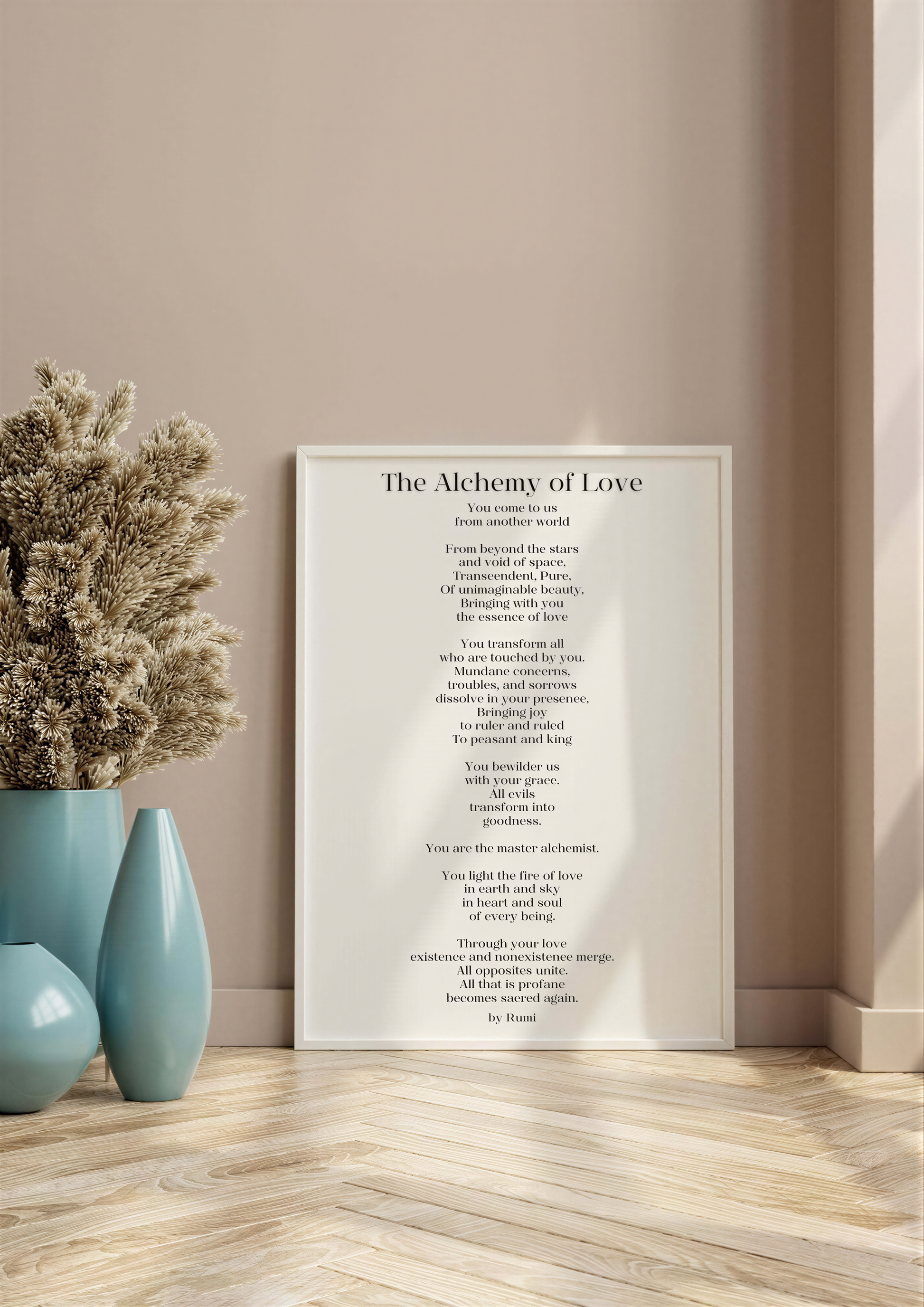 Inspirational Poetry Wall Art featuring Rumi's The Alchemy of Love in a minimalist decor setting.