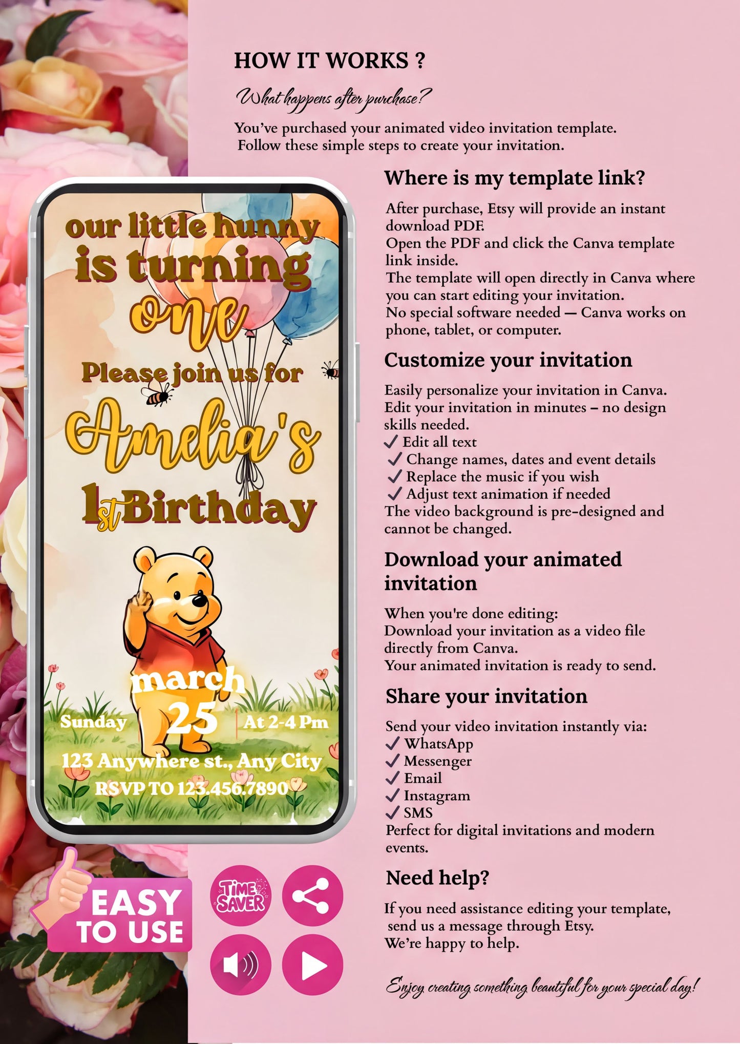 Winnie the Pooh birthday invitation video template with floral background showcasing birthday details.