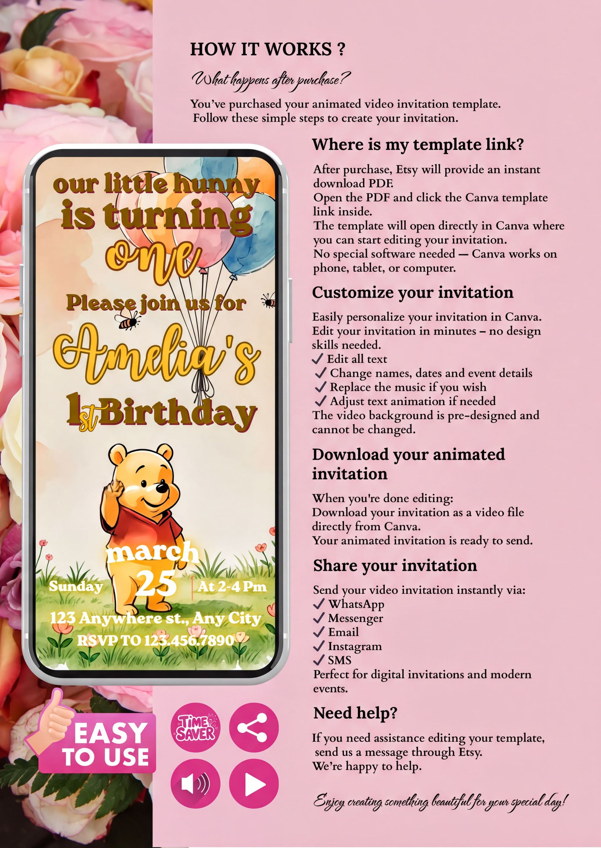 Winnie the Pooh birthday invitation video template with floral background showcasing birthday details.