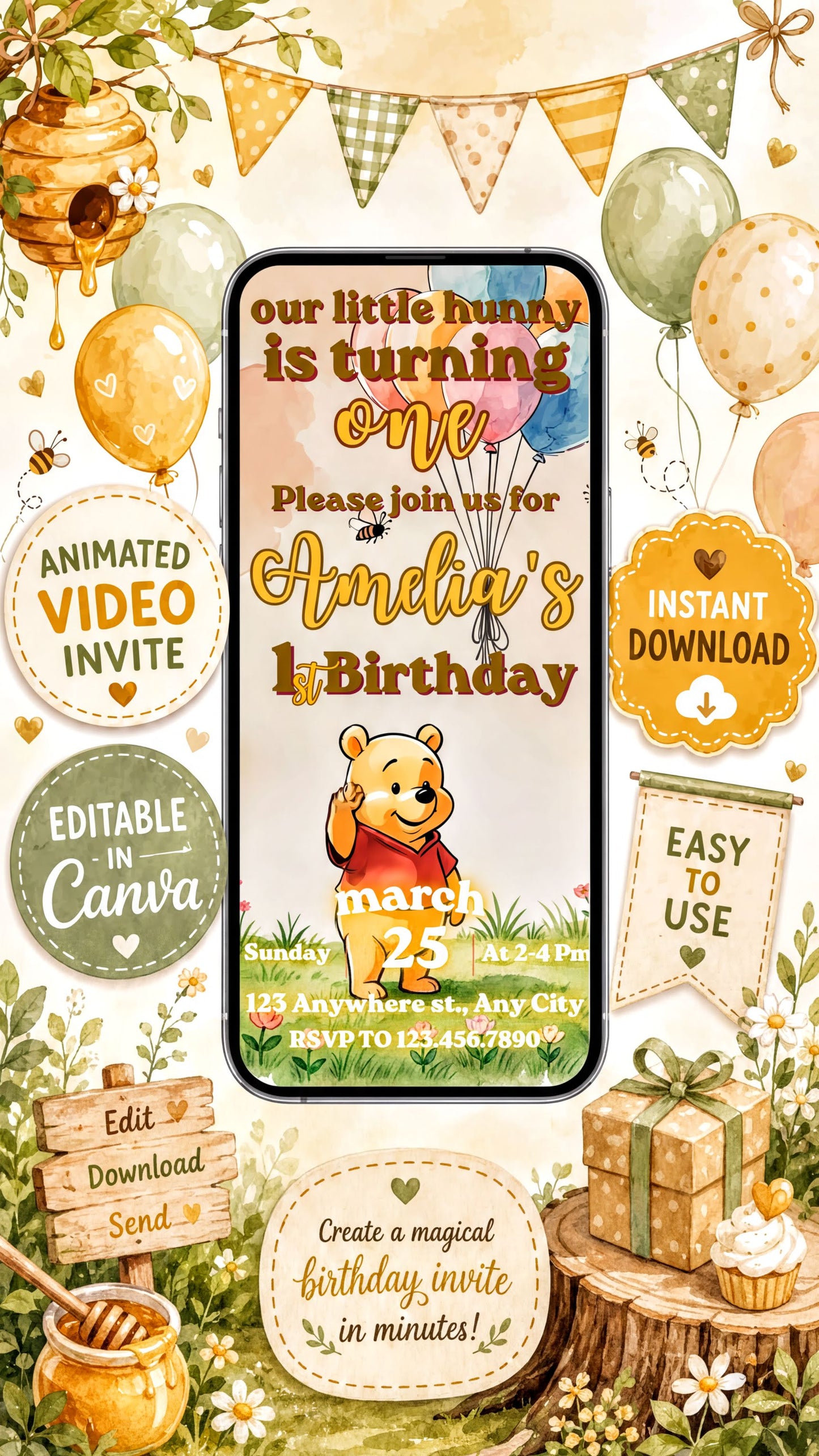 Winnie the Pooh birthday invitation video featuring a playful design for Amelia's first birthday celebration.
