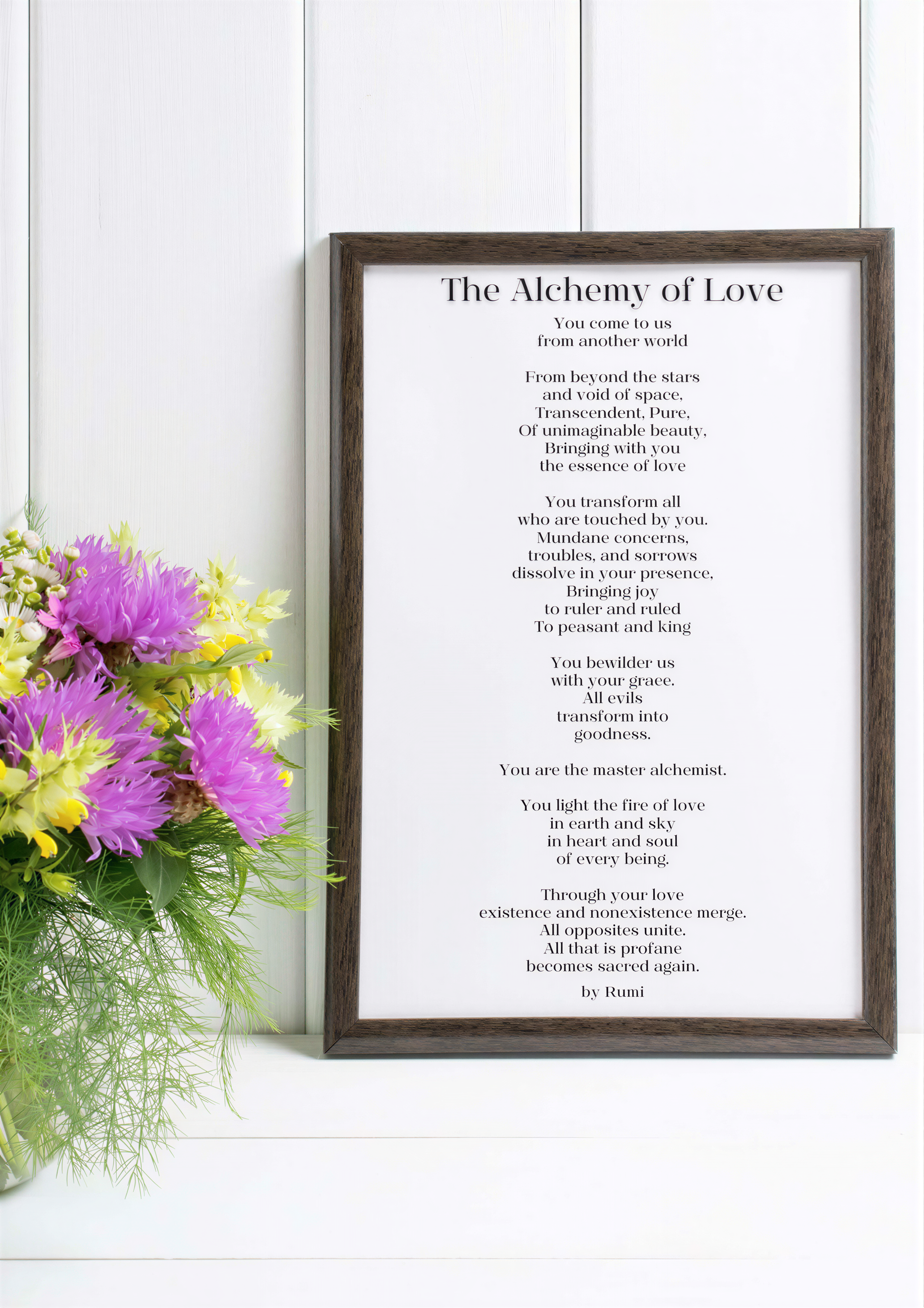 Inspirational Poetry Wall Art featuring Rumi's The Alchemy of Love poem in a stylish frame with flowers.
