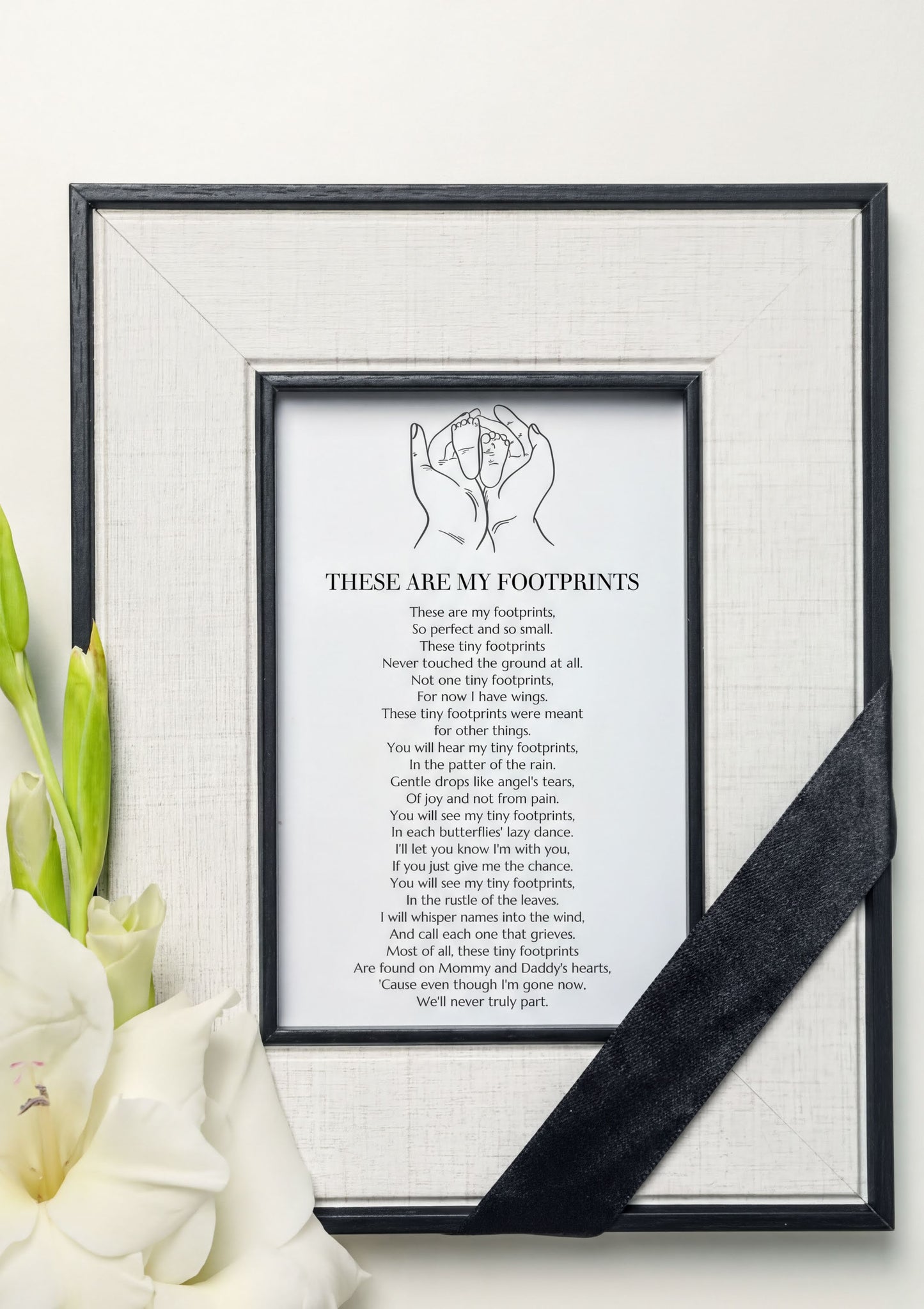 These Are My Footprints Poem Wall Art - Framed Memorial Baby Loss Gift with White Flowers and Black Ribbon