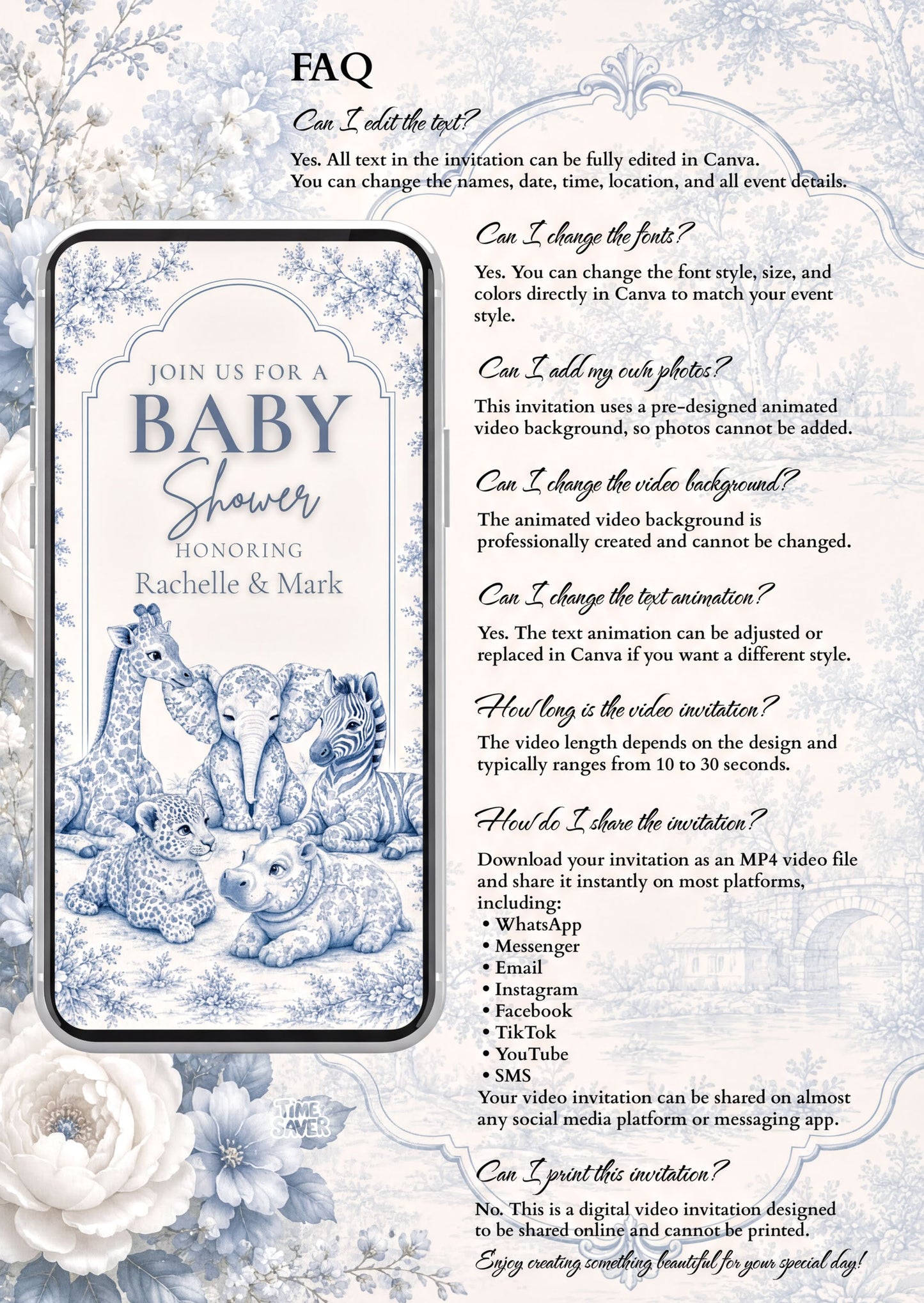 Baby Shower Invitation featuring animated blue toile design with safari animals and FAQ for customization.