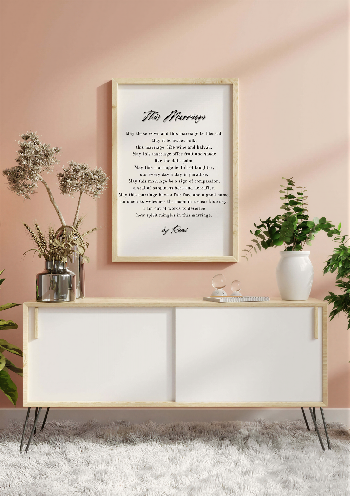 Rumi Wedding Poem Art displayed in a stylish setting, emphasizing love and unity with elegant décor.