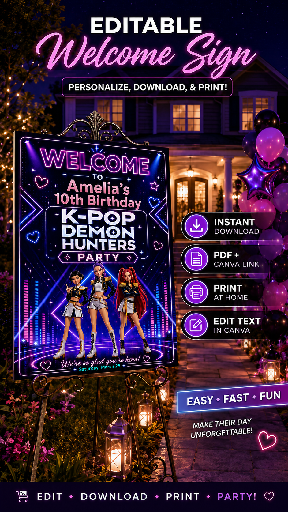 Kpop Demon Hunters Welcome Sign for birthday party with colorful design and editable text option.