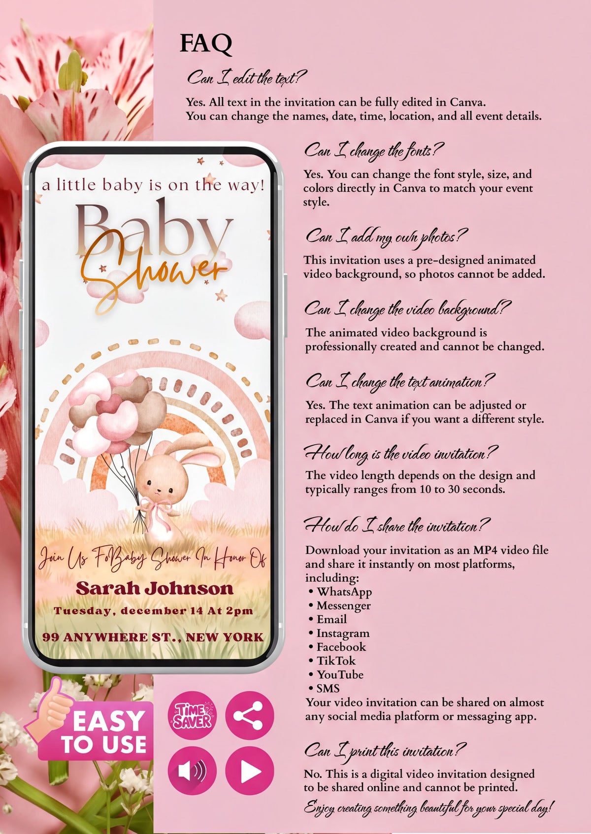 Baby Shower Video Invitation with bunny theme on a phone, pastel colors, surrounded by FAQ text and flowers.