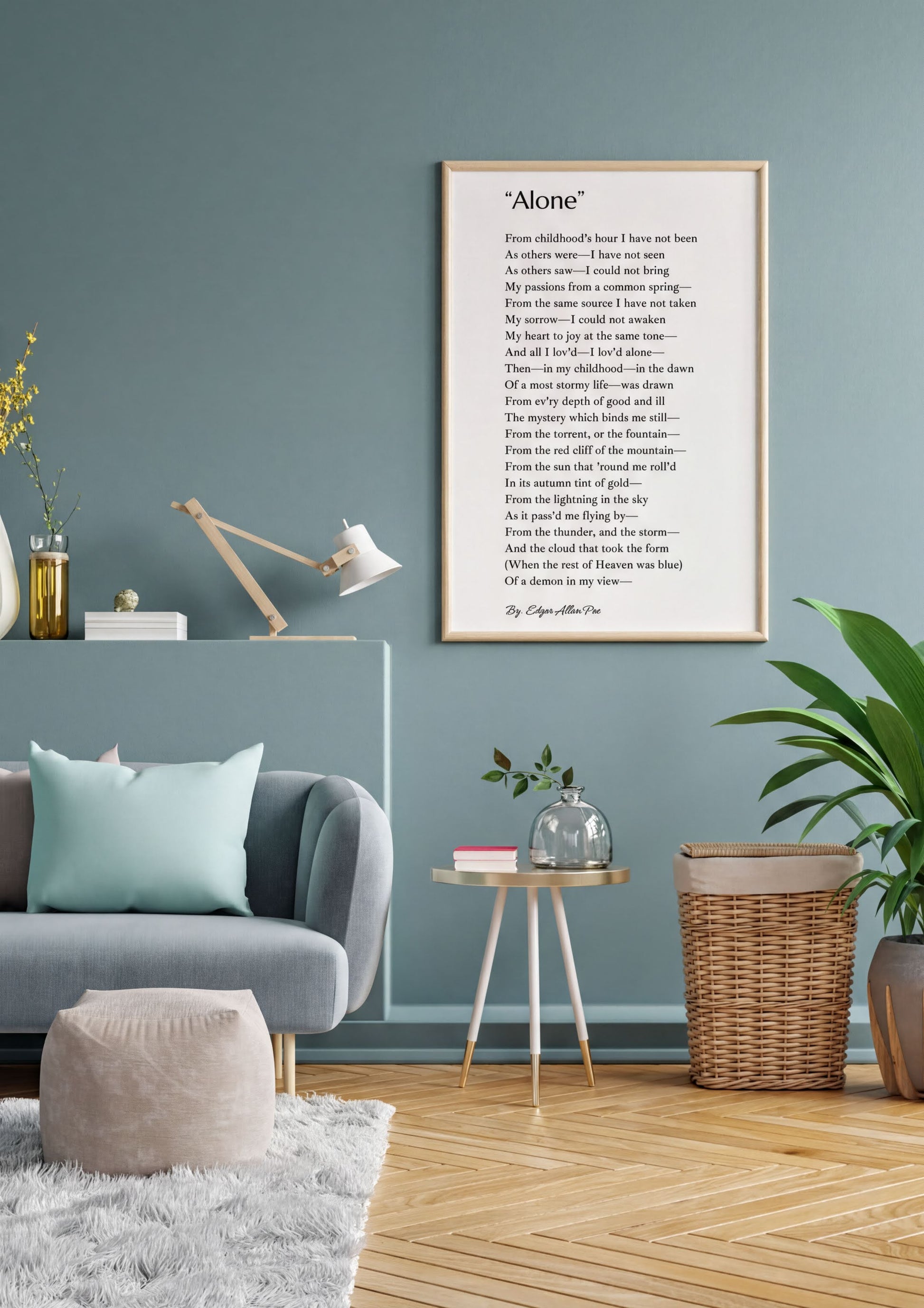 Alone Edgar Allan Poe Print displayed in a stylish room, featuring gothic literature decor and minimalist design.